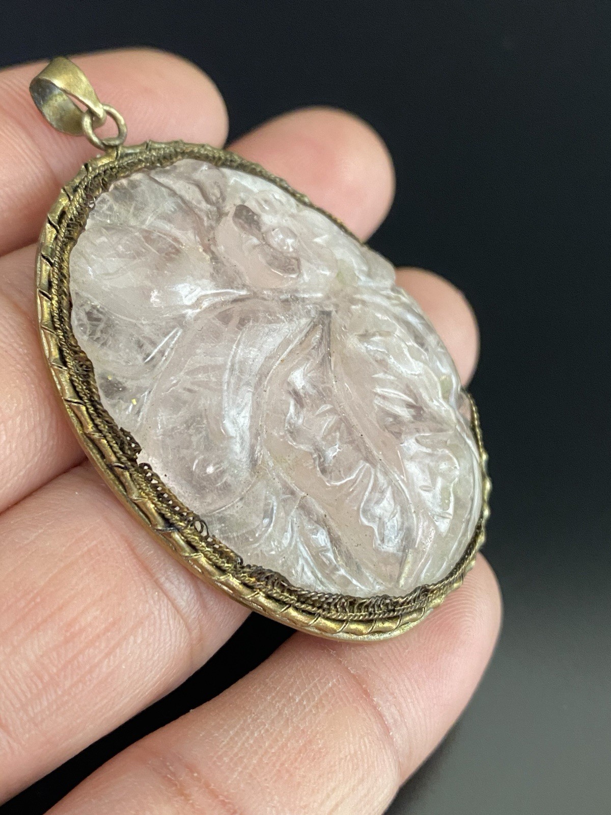 Chinese VTG Carved Pink Quartz Large Oval Intricate Sterling Filigree Pendant