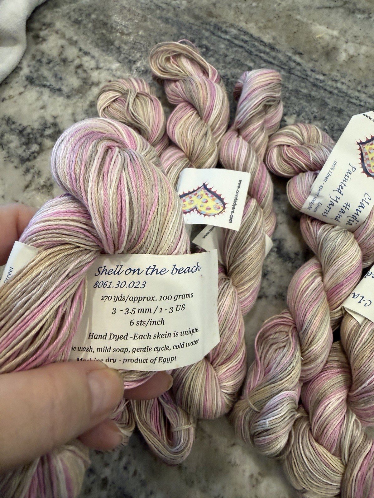 7 hanks Hand Dyed Yarns linen sport hand dyed variegated yarn lot pink beige