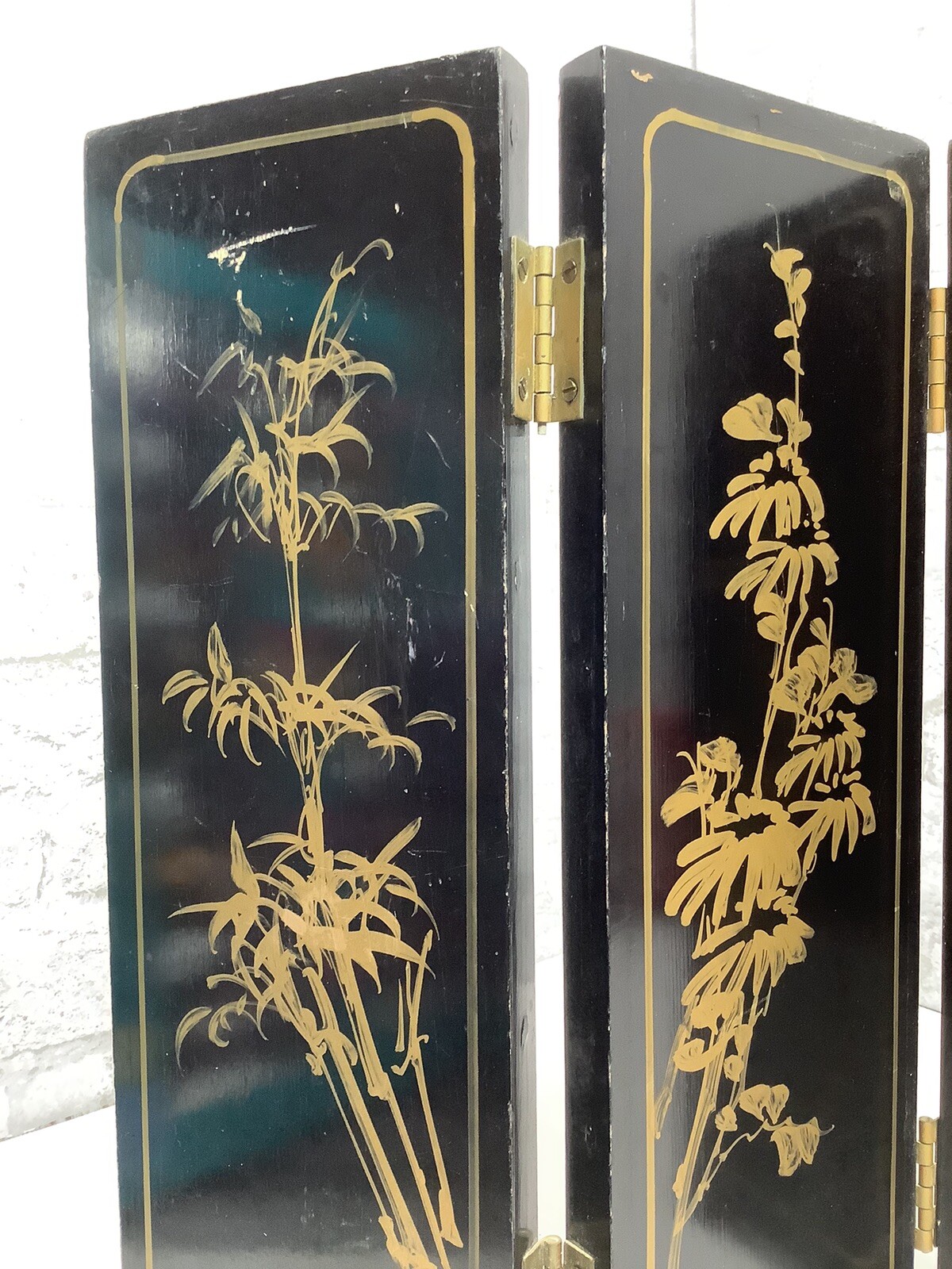 Vintage Mini Asian Chinese Lacquer Table Top Folding Screen Carved Stones Rare