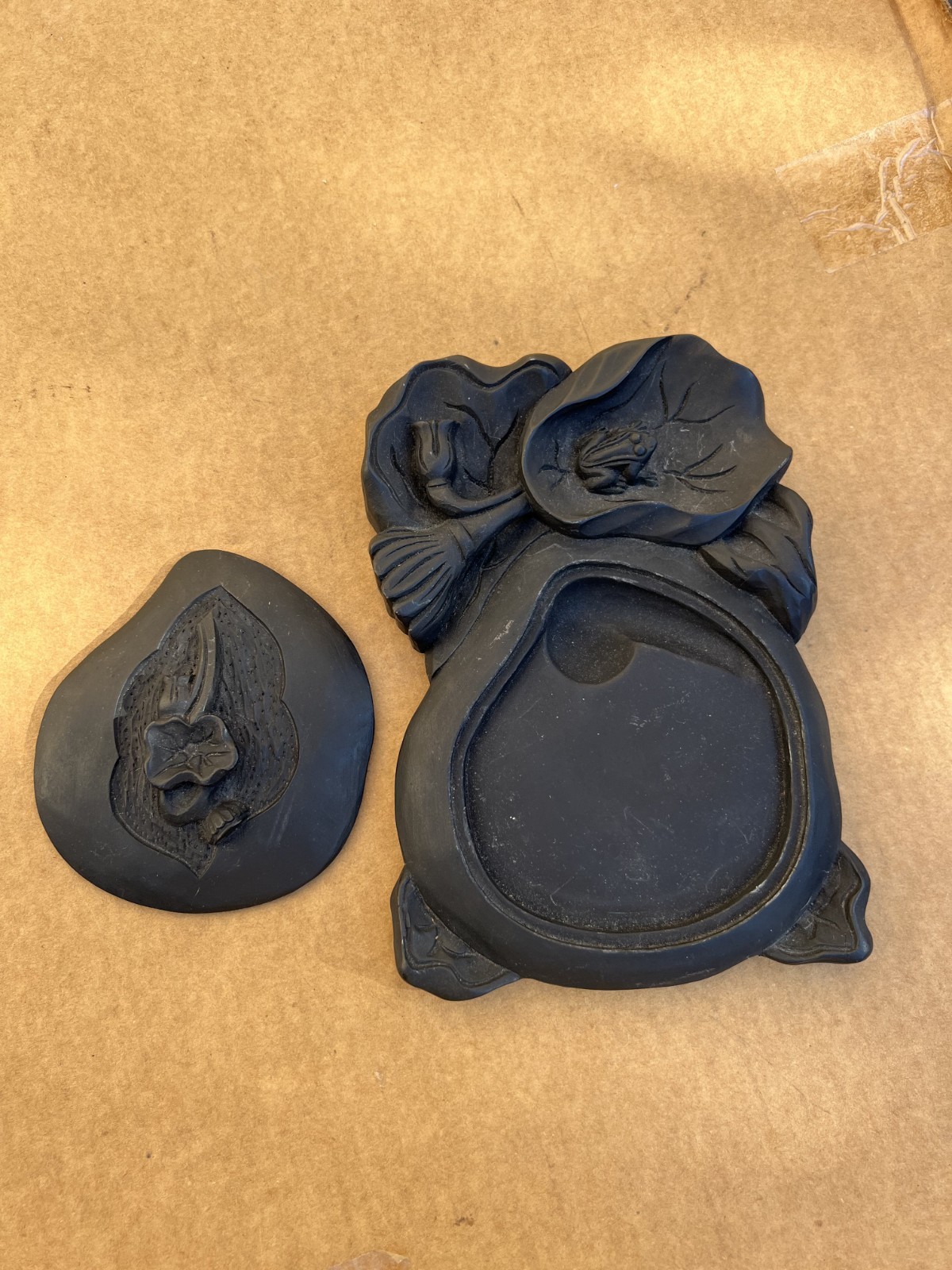 Big Chinese Hand Carved Flower Ink Stone Box w/ Cover 8″ Poem 1980