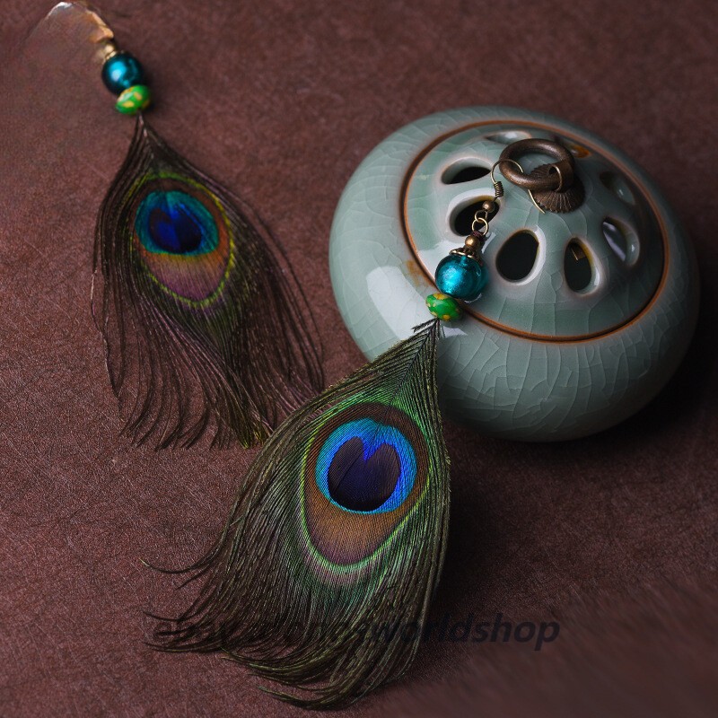 China Coloured Glaze Peacock Plume Tassels Tibetan Style Fashion Earbob Earrings