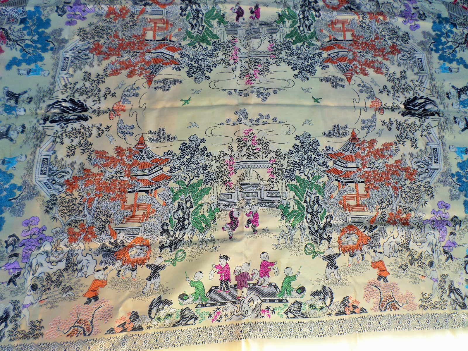 VTG CHINESE SILK BROCADE TABLECLOTH PIANO SCARF ASIAN VILLAGE CELEBRATION 74X56