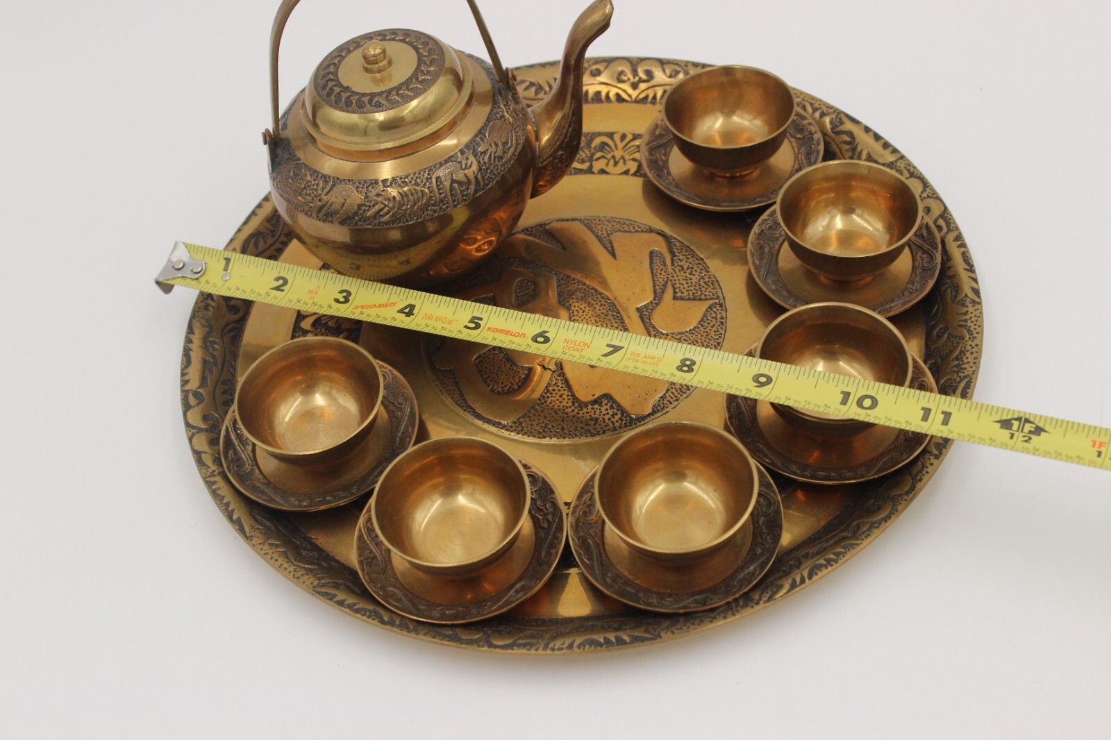 Vintage Handmade Chinese Calendar Brass Zodiac Signs Tea Set Unmarked Unsigned