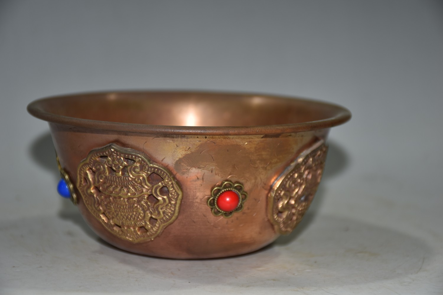 Vintage Nepalese Red Copper Bowl 4.92×2.17in Inlaid Gem 162g Butter Tea Cup