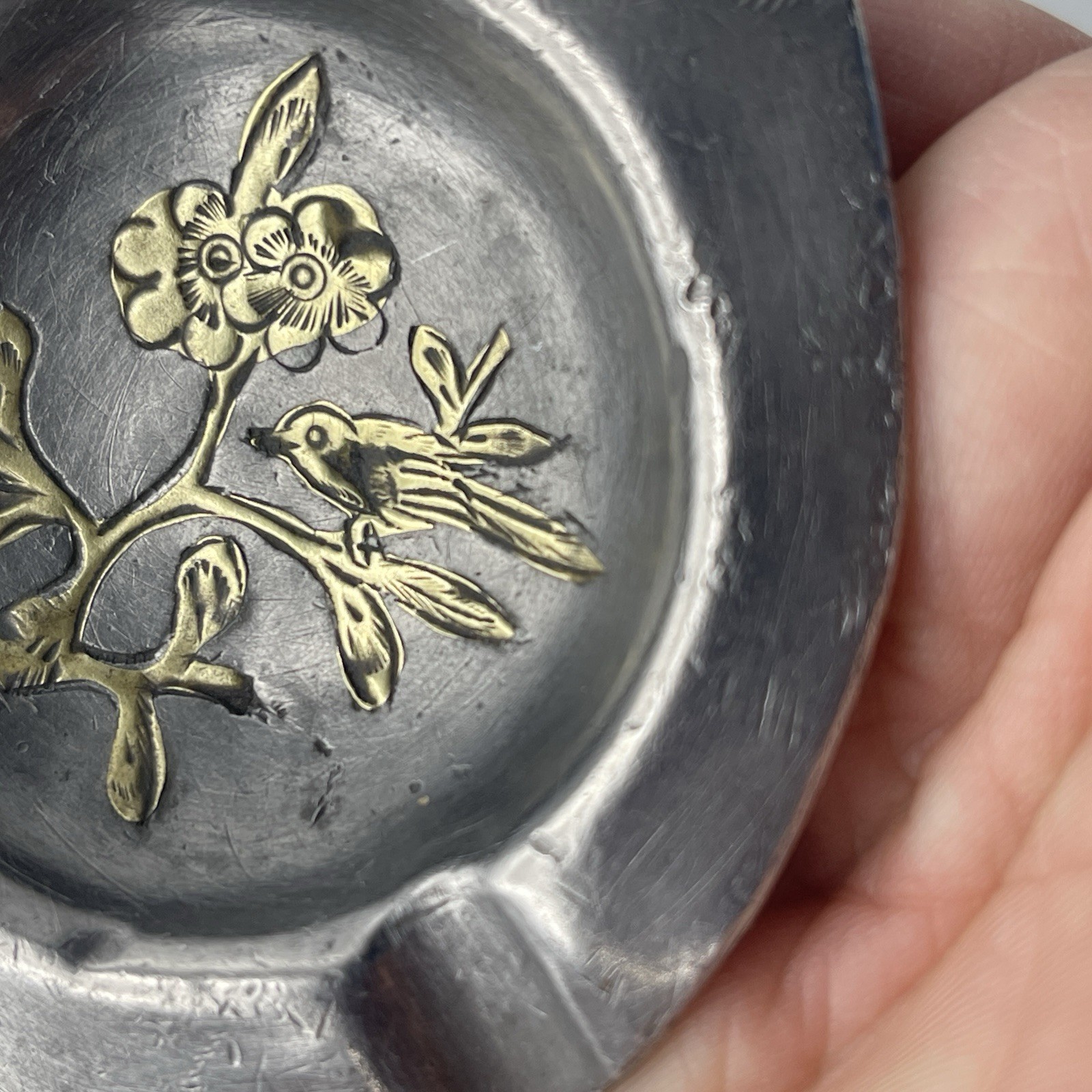 Antique Chinese Export Pewter And Jade Peach Ashtray Cherry Blossom Bird Inlay