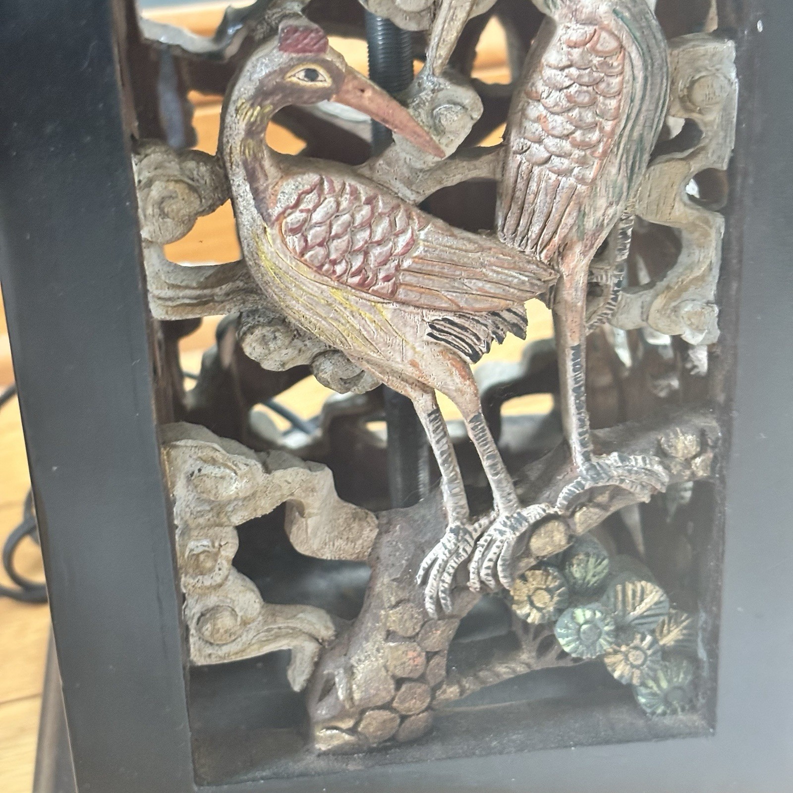 Rare Asian Inspired Intricate Hand Carved Bird Cutouts Table Lamp 31” Tall FLAW