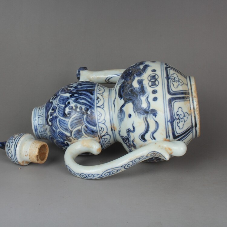 8.8″ China Blue White Porcelain Freehand Sketching Foo Fu Dog Lion Gourd Teapots