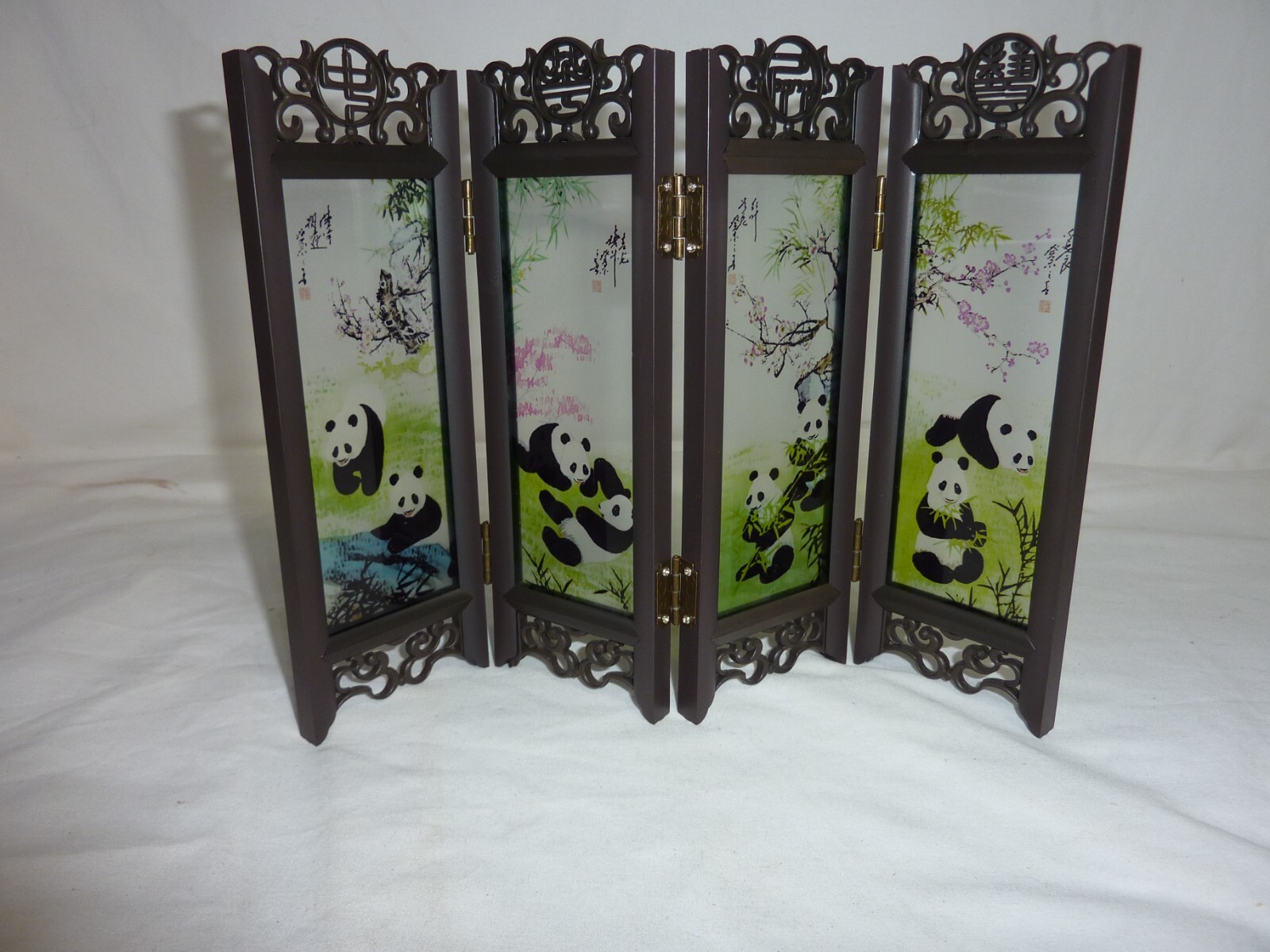 VTG Chinese 4-Panel Ornate Folding Tabletop Screen Panda Pandas On Painted Glass