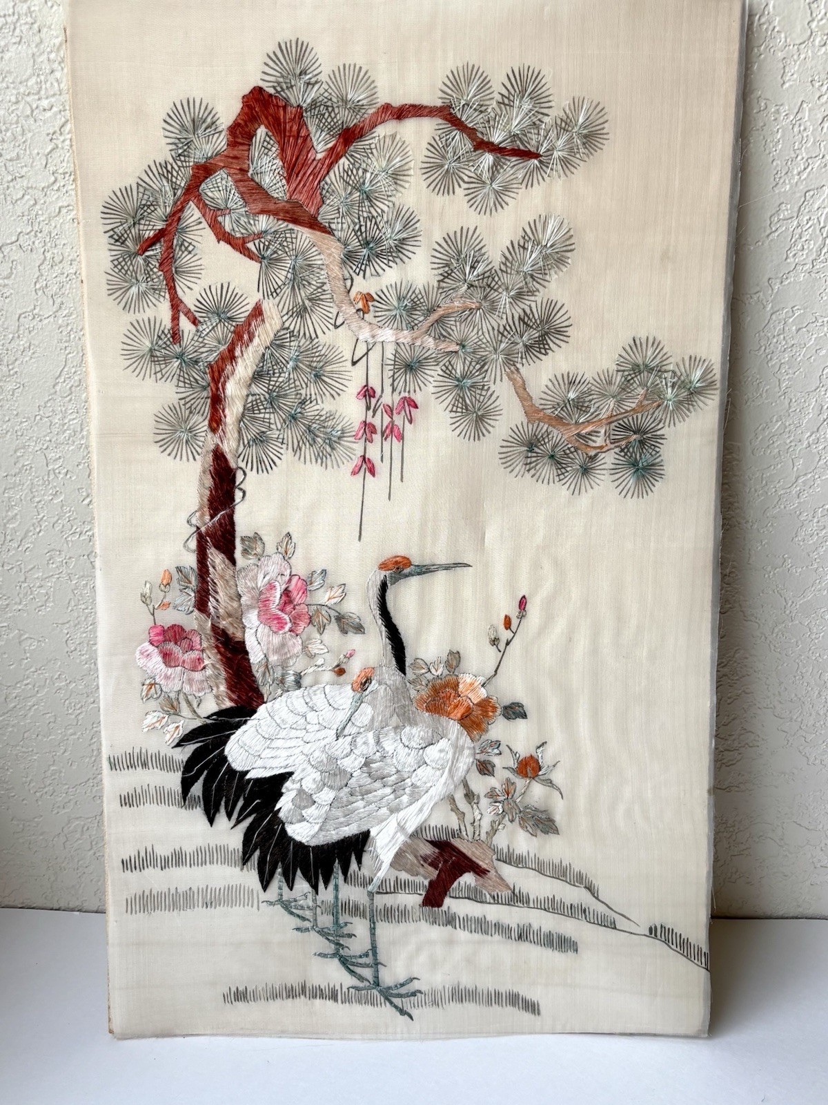 Antique Chinese Silk Embroidery Panel | Hand-Stitched Crane & Pine | 22” Textile
