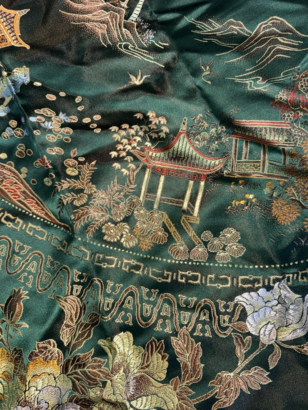 VTG Hangzhou Chinese Silk Brocade Piano Scarf Dragon Phoenix Tablecloth 48”