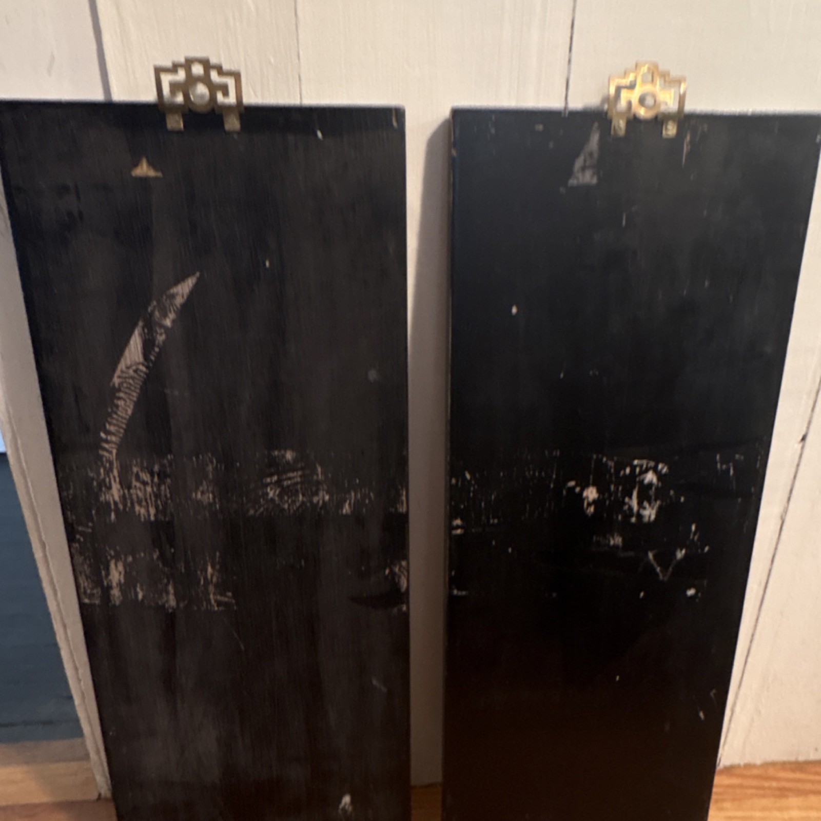 Pair Vintage Chinese Black Lacquer Applied Hardstone Court Figures, MOP Inlay