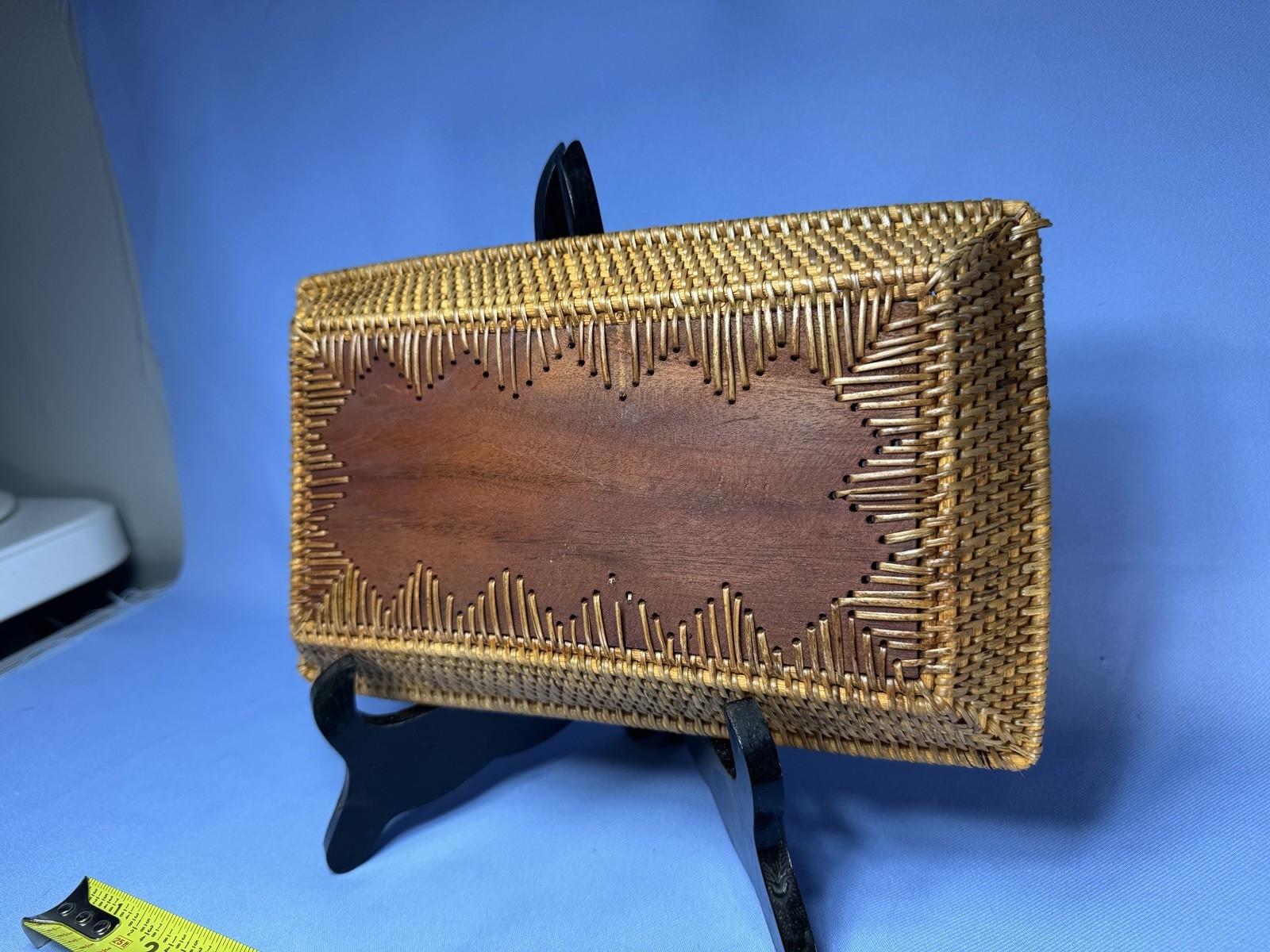 Vintage Chinese Wood Tray With Embedded Coin, Woven Sides Inlaid Wood 10x6x1