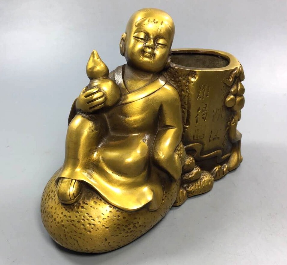 Brass Monk Statue Pen Holder Brush Pot Ignorance Is Bliss Zen Decor