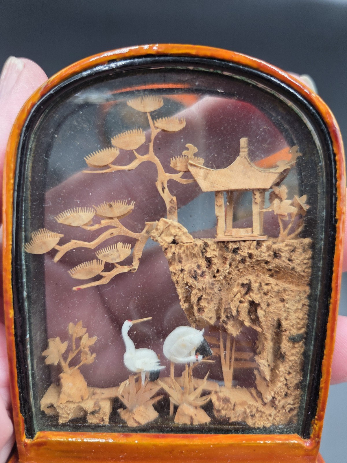 Vintage Asian Carved Cork Diorama Art In Wood/Glass Shadow Boxes 5 pieces
