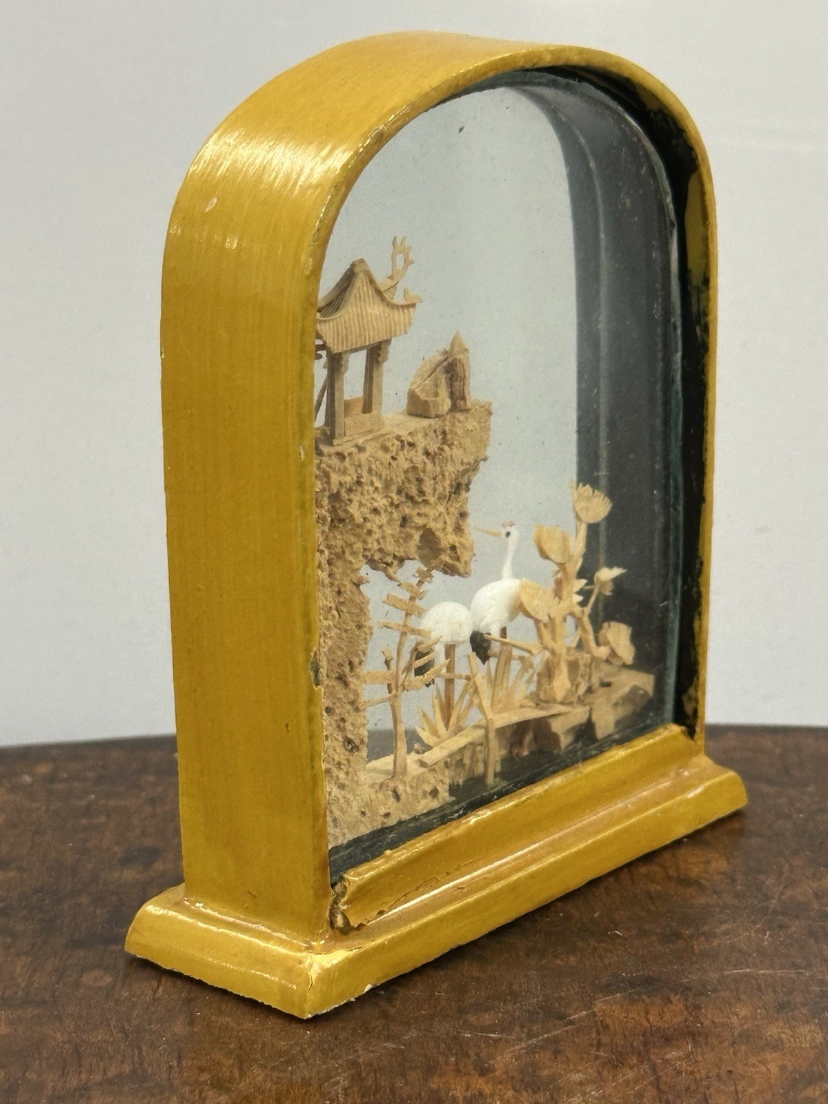 Carved Cork Chinese Art Diorama with Cranes Pagoda & Trees Vintage Collectible