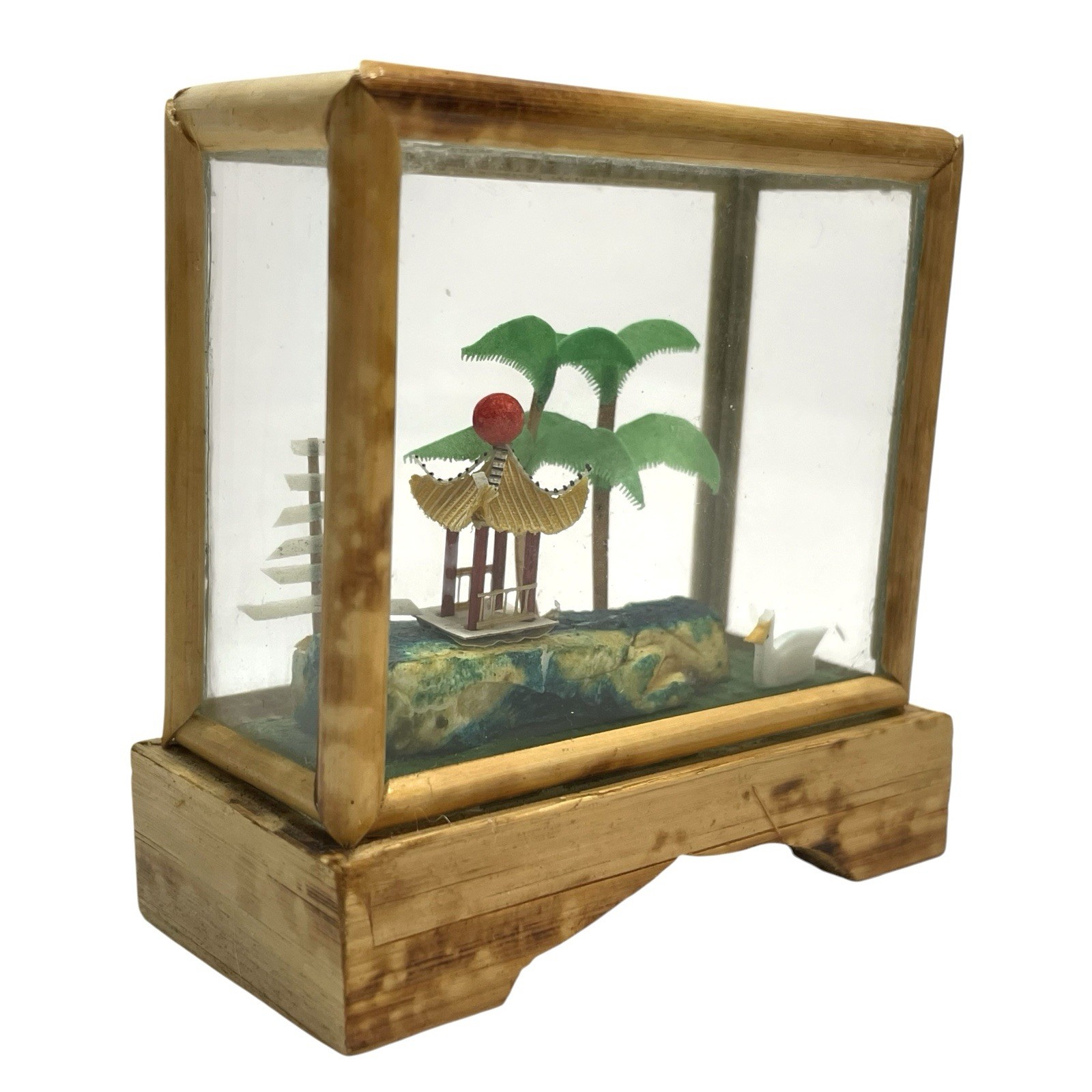 Vintage 1950s Miniature Pagoda Diorama in Bamboo Glass Case – Asian Artwork