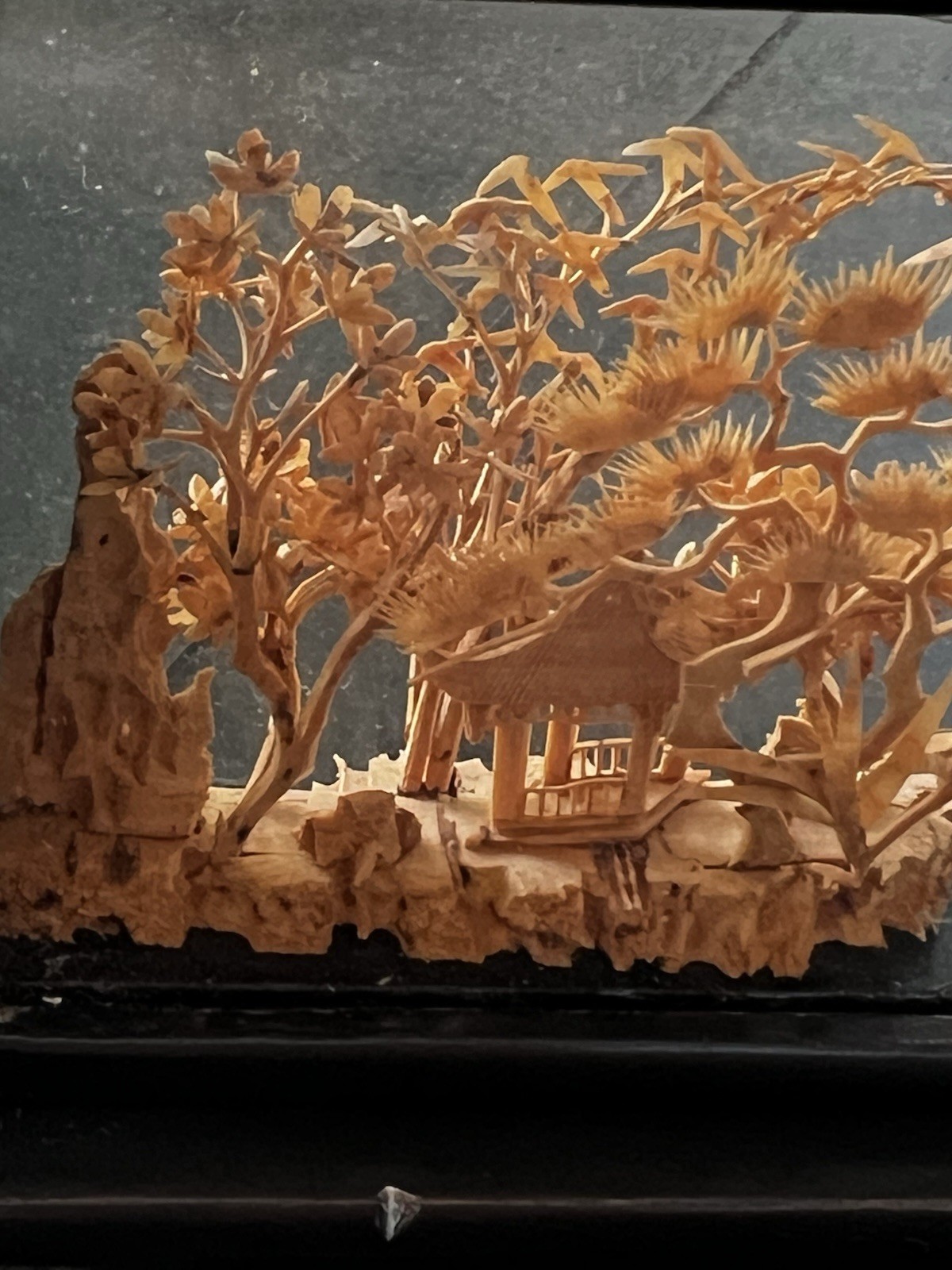 Vintage Chinese Hand Carved Cork Diorama Pagoda Scene 3D