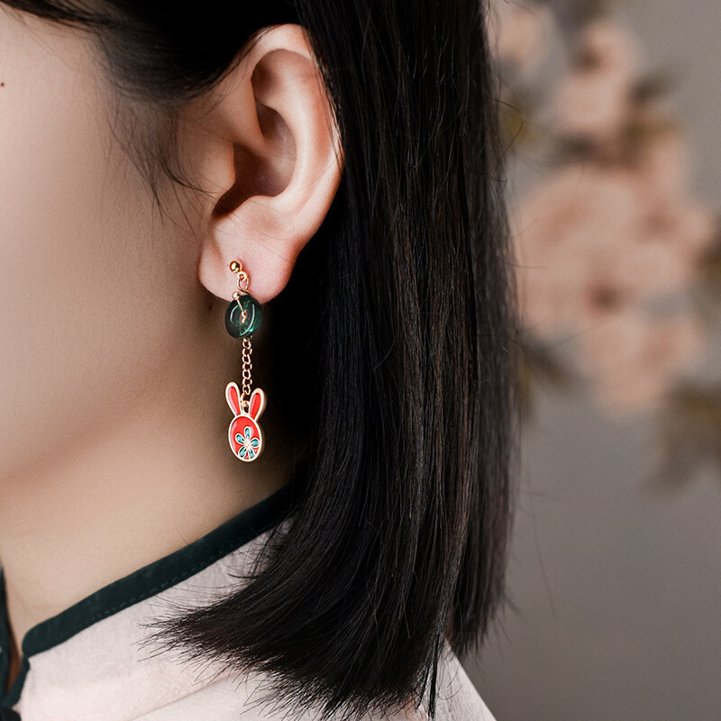 China Coloured Glaze/Oil Drop Alloy Animal Rabbit Tibetan Style Earbob Earrings