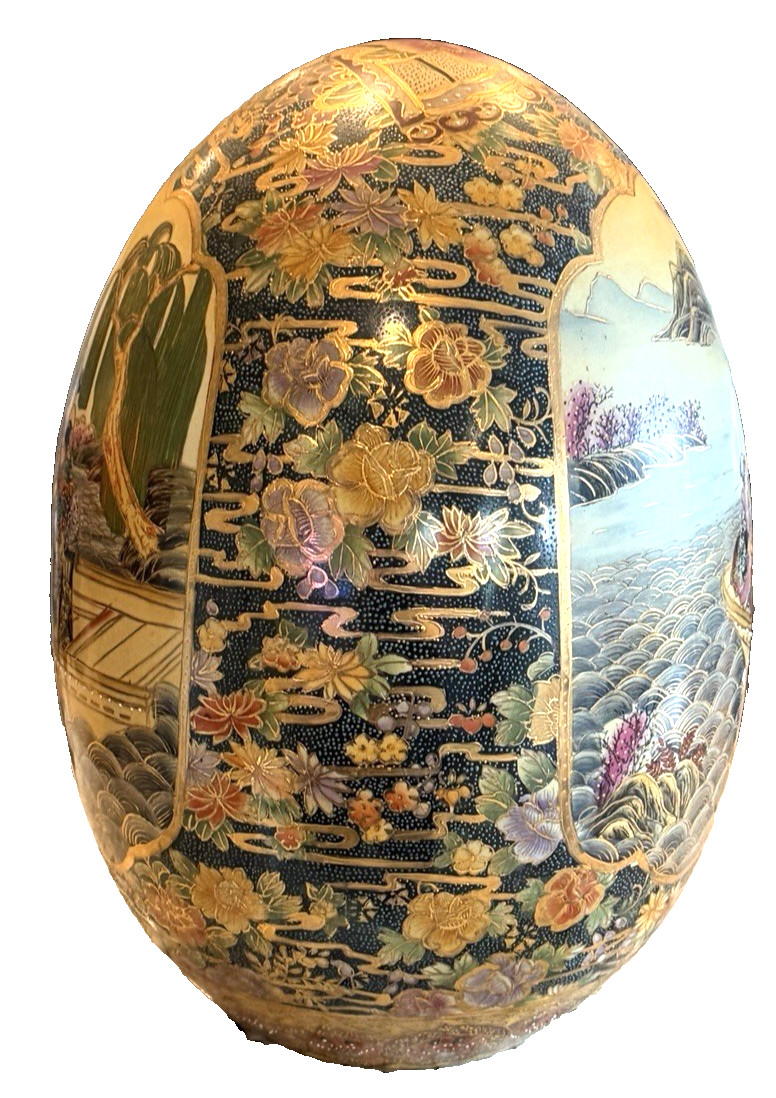 Vtg Satsuma Large Ceramic Egg Gold Trim Geisha Boat Landscape Hand Painted 18″