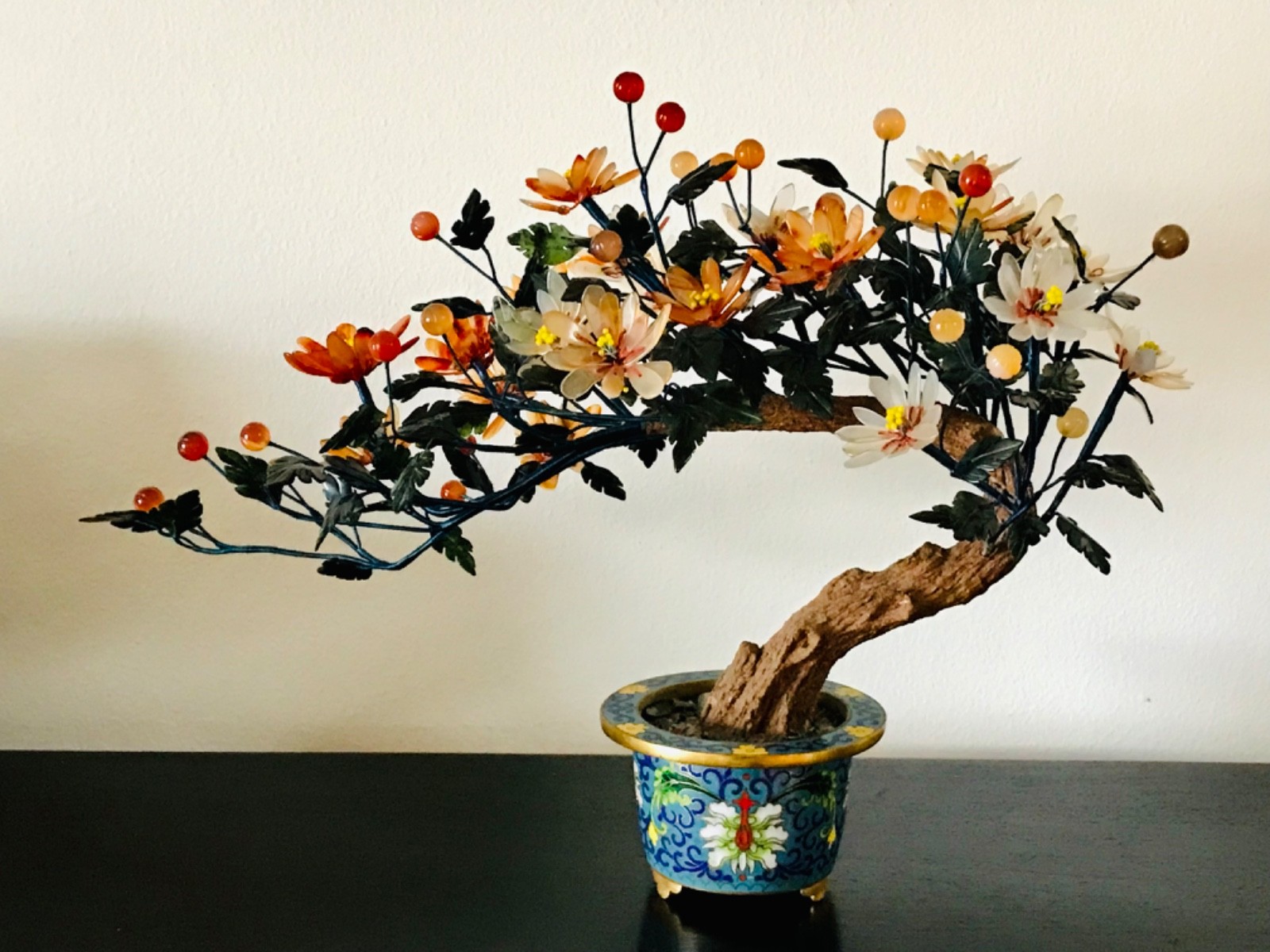 Chinese Jade Bonsai Tree in Cloisonne Pot – 15″ Inches Wide