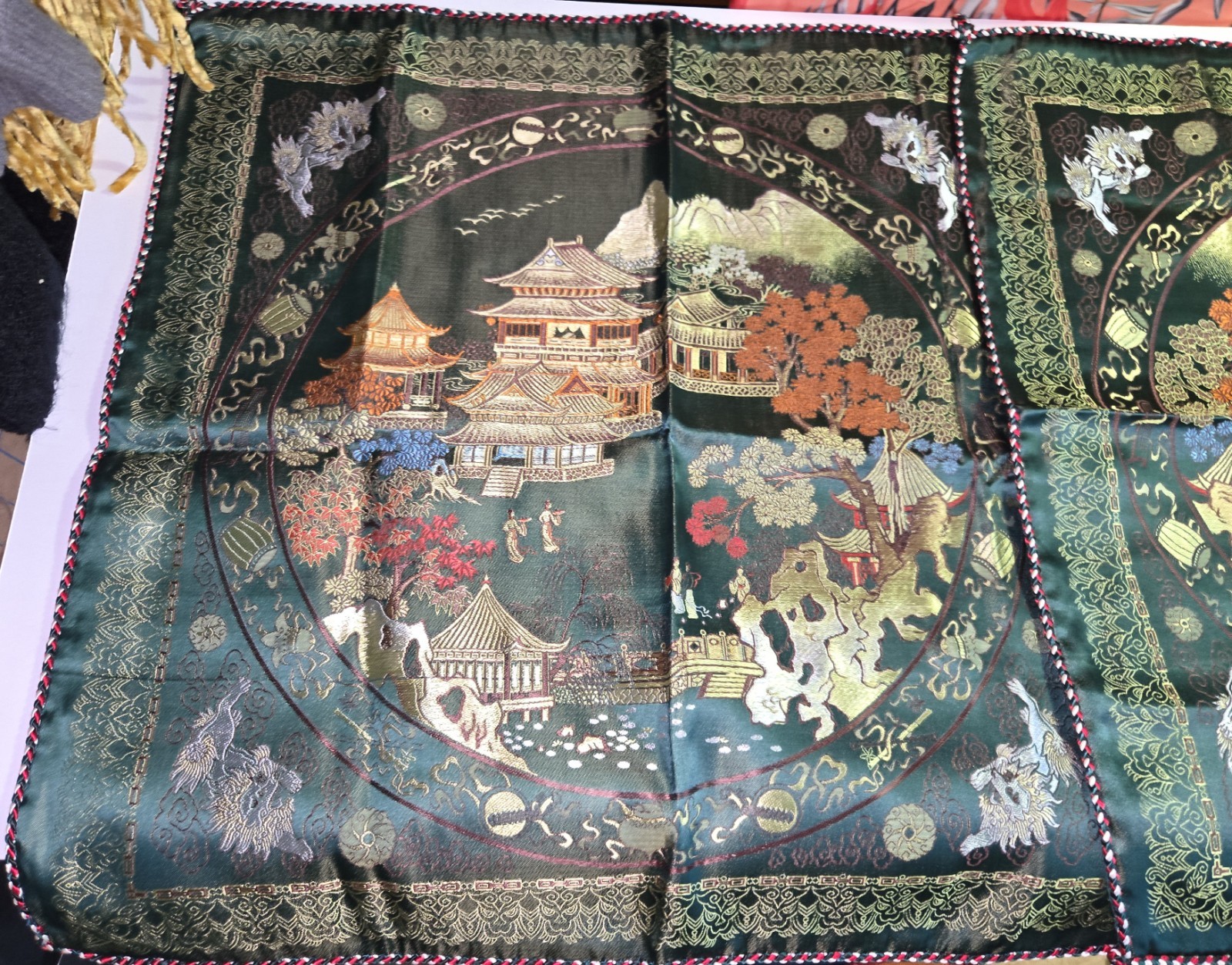 SET OF 2 Vintage Chinese Silk Brocade Pillow Covers – Vert GREEN Landscape 21″