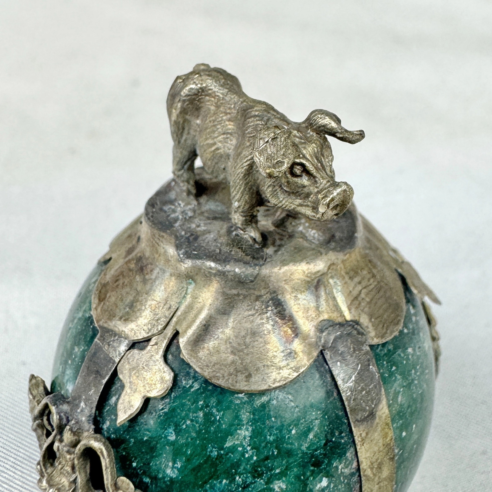 Vintage Chinese Zodiac PIG Green Marble Orb, Pewter/Tin Finial, Dragon Motif