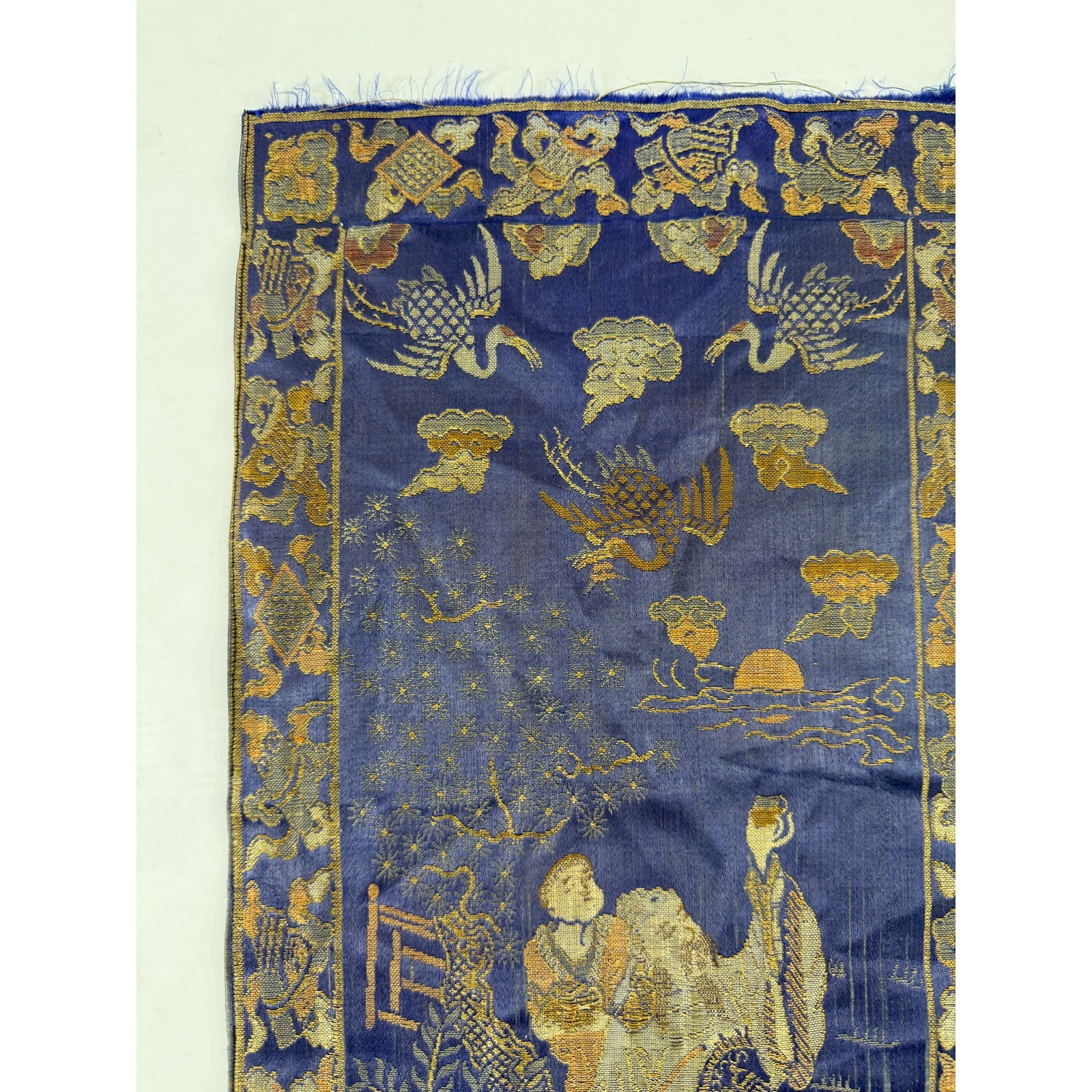 Antique Chinese Silk Brocade Cranes & Scholars Tapestry 18x10in