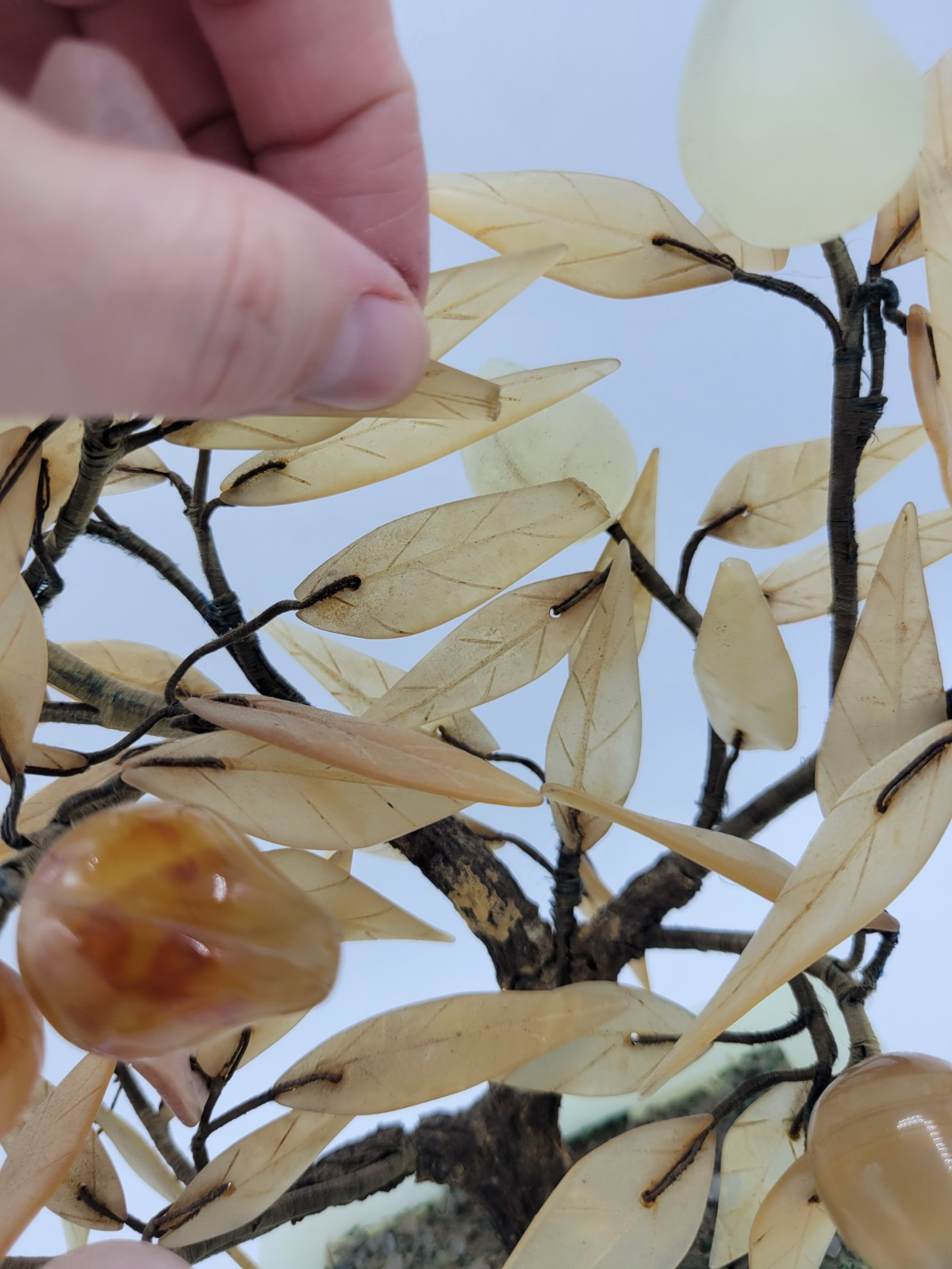 Antique Japanese Jade & Agate Stone Glass? Peach Bonsai Tree 10″ x 10″