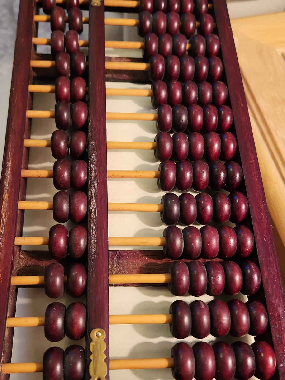 Vintage Chinese Red Lion abacus Wuhan China, wood brass?accents w 13 rods, as is