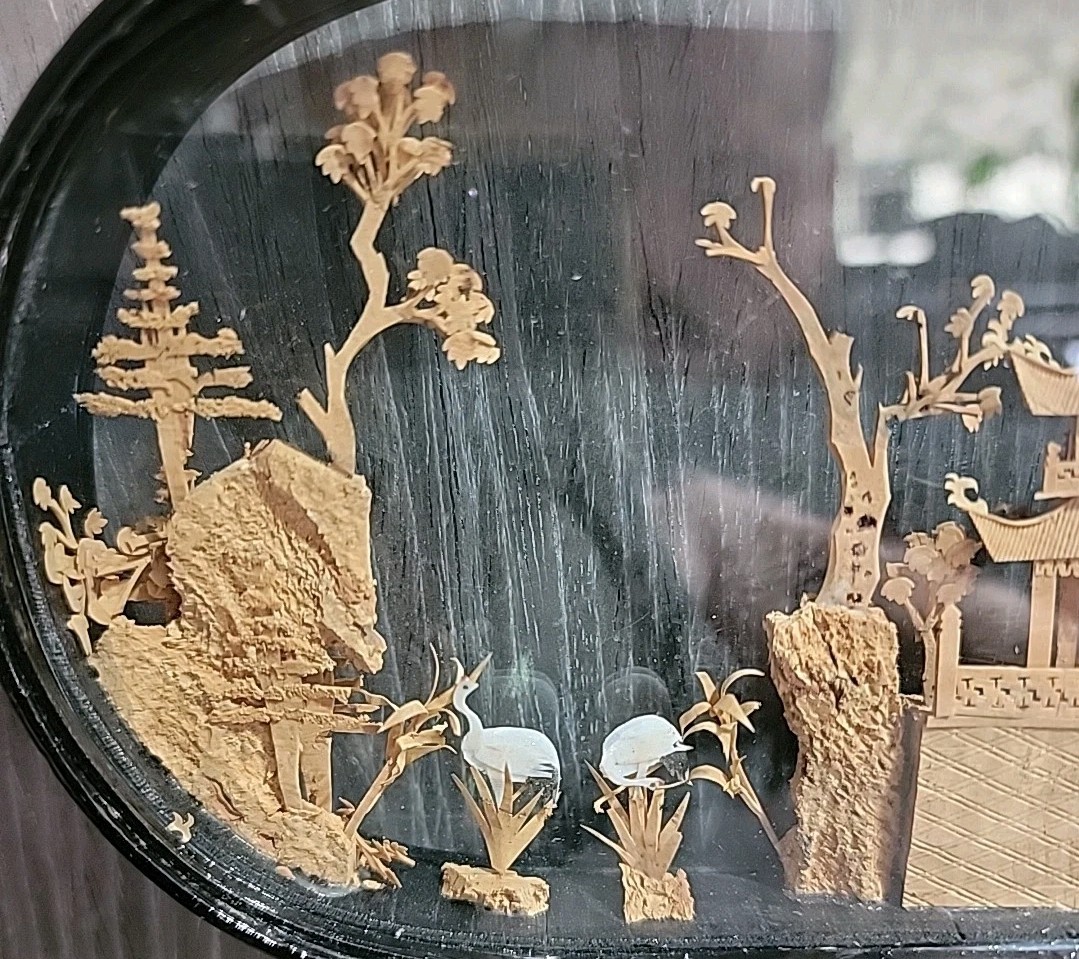 Vintage Chinese Diorama Cork Carving Glass Case Pagoda/Trees/Cranes 8″x6.5″x2″