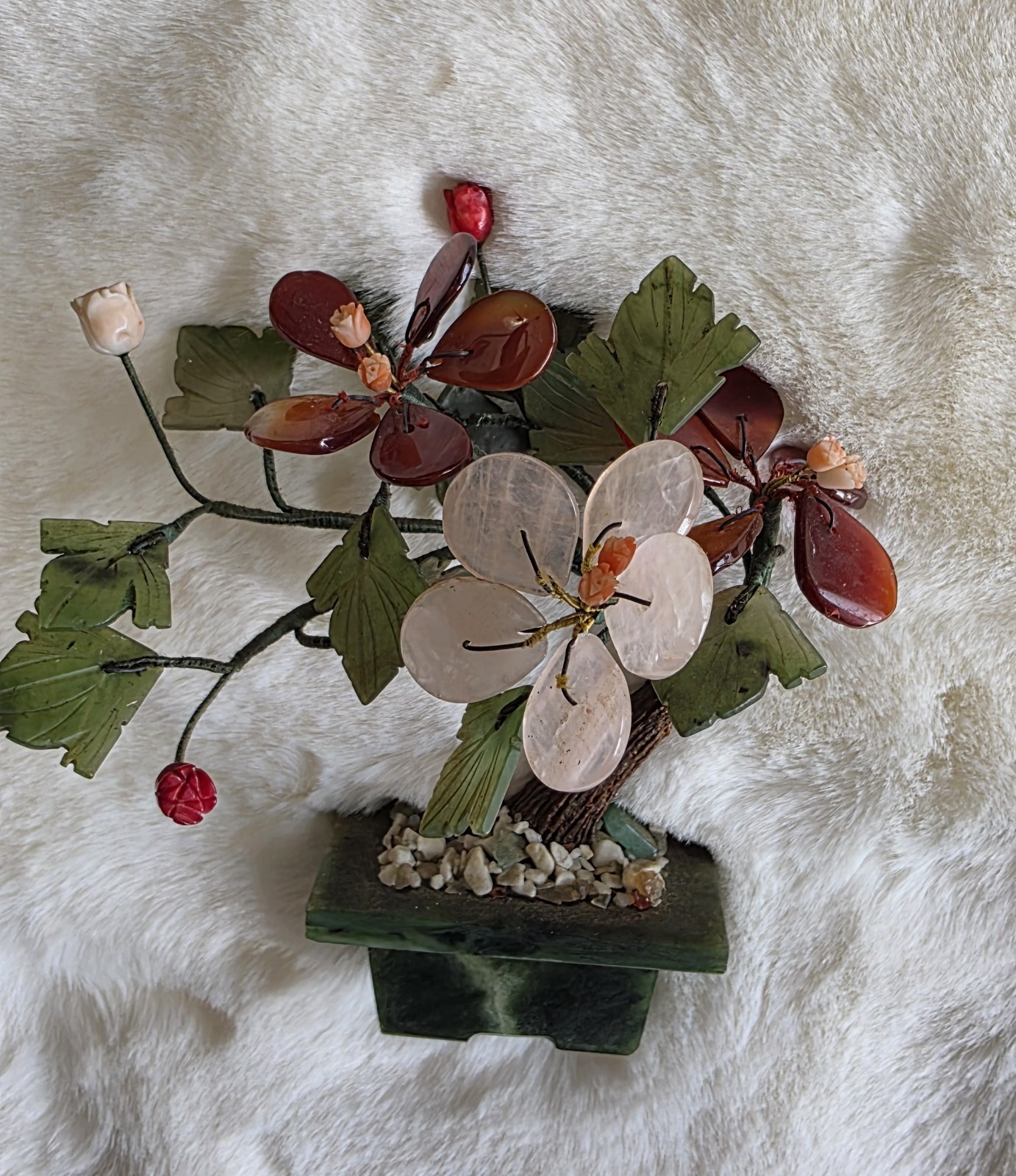 Small Hand Carved Chinese Jade & Semiprecious Stone Flower Bonsai Tree Figurine