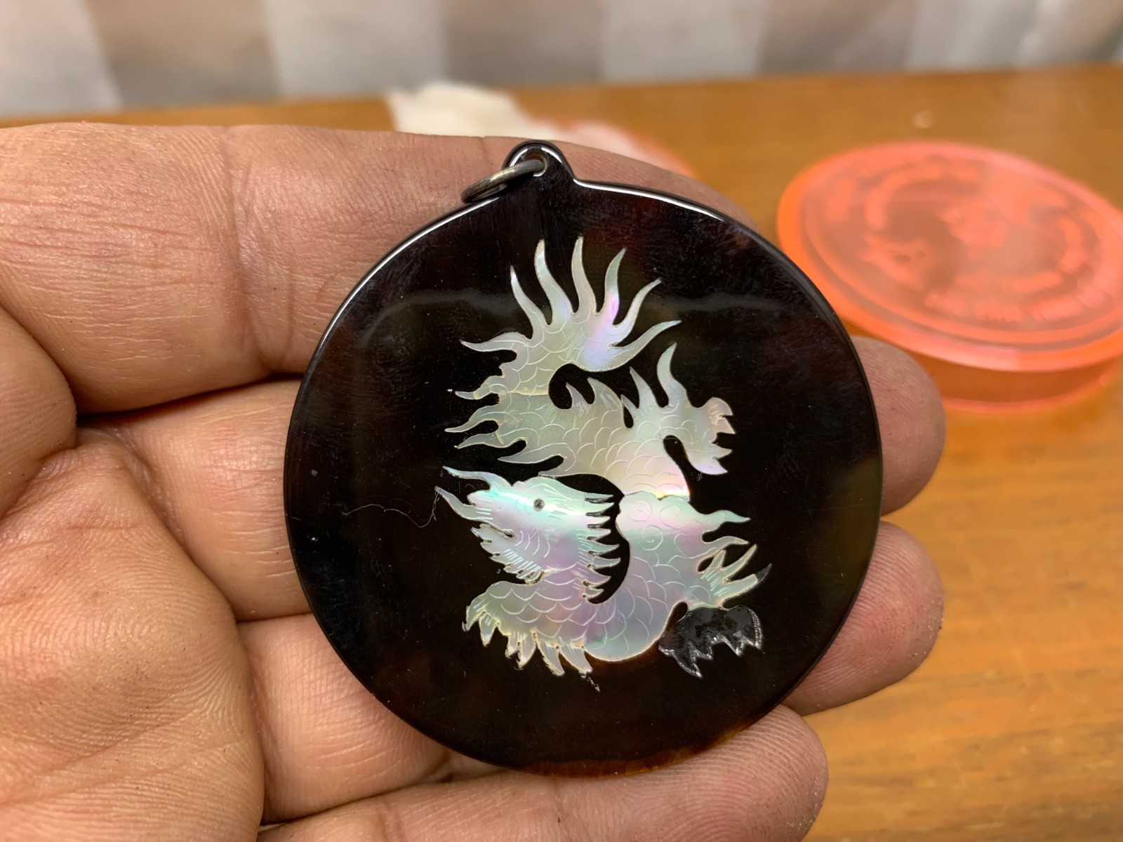 Good Luck Blessing Chinese Charm Mother Of Pearl & Lucite ? Dragon Round Pendant