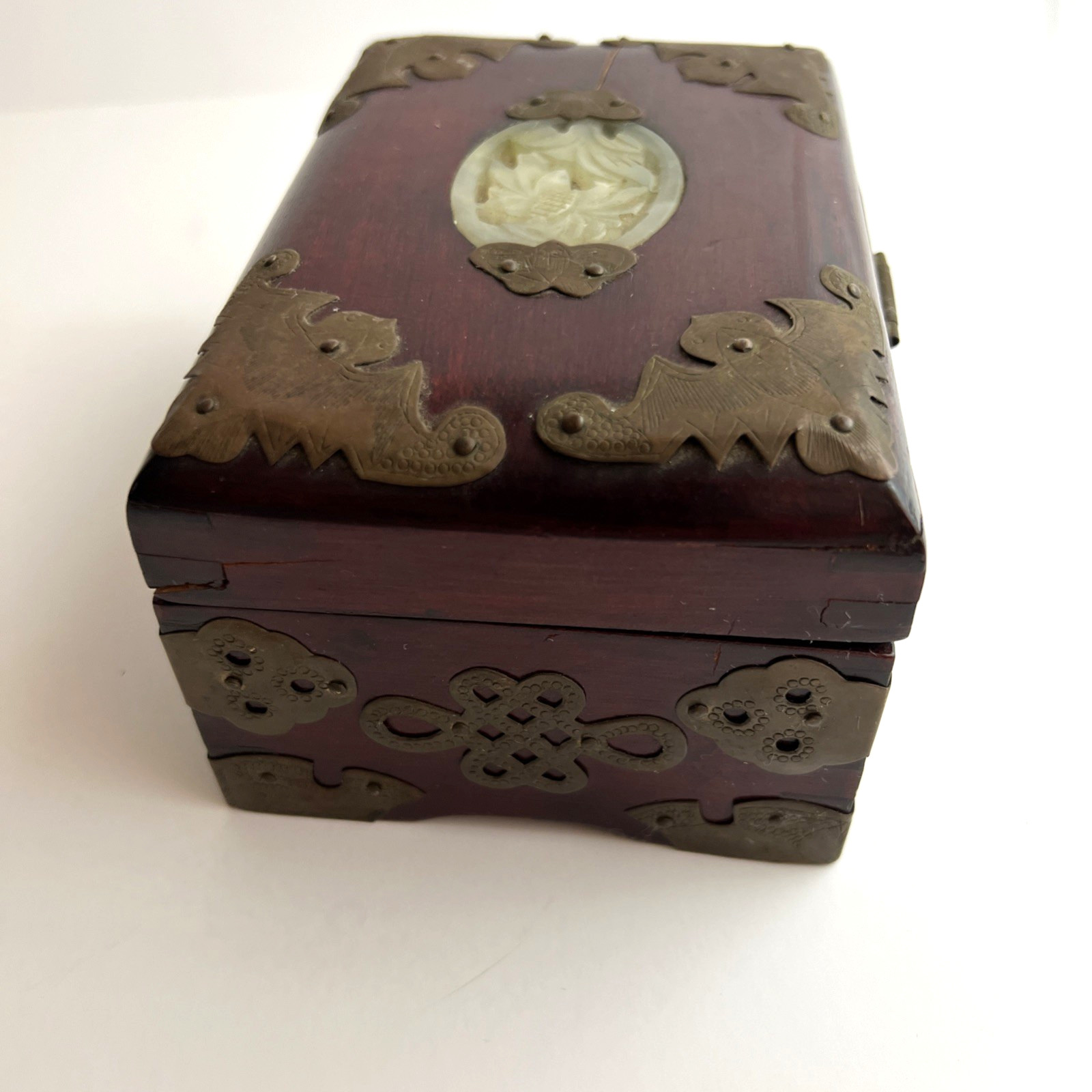 Rare Vintage Chinese Mahogany Jewel Box Chased Brass Accent Lock Jade Medallion