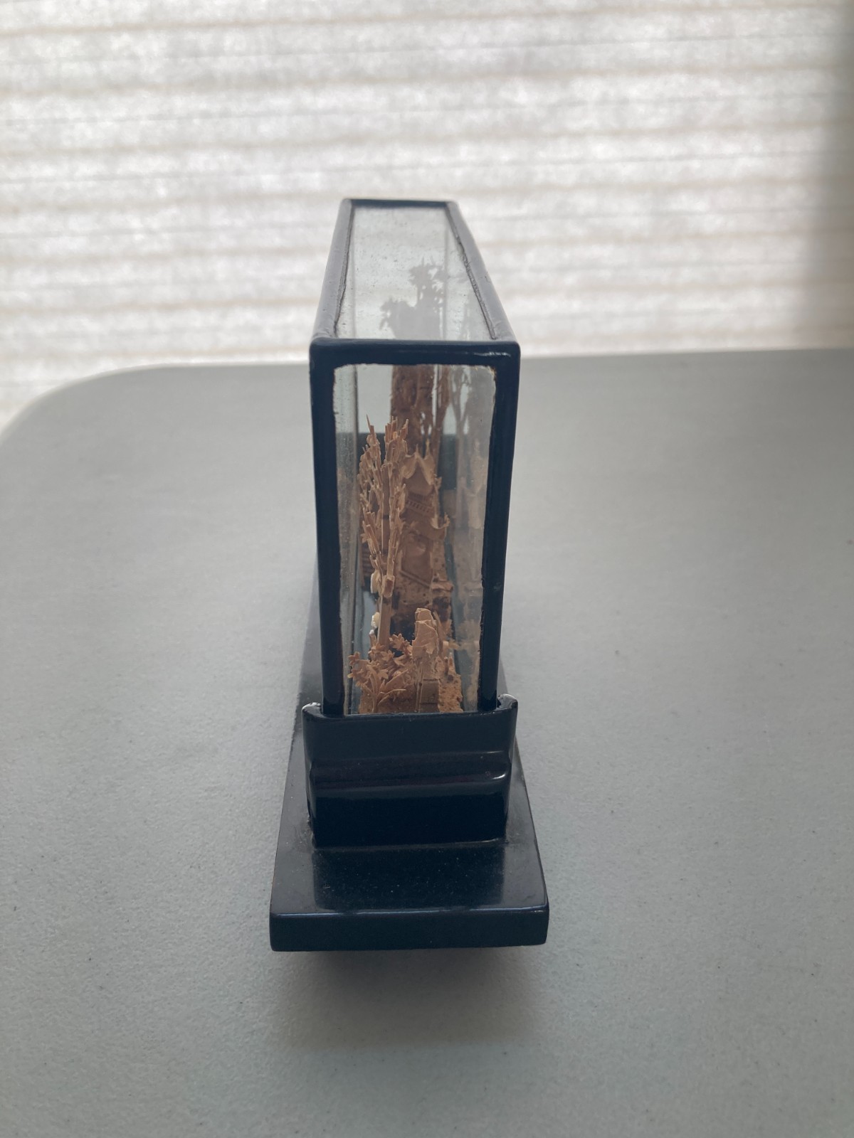 Hand Carved Cork Diorama Chinese Landscape Pagoda Scene Glass Case