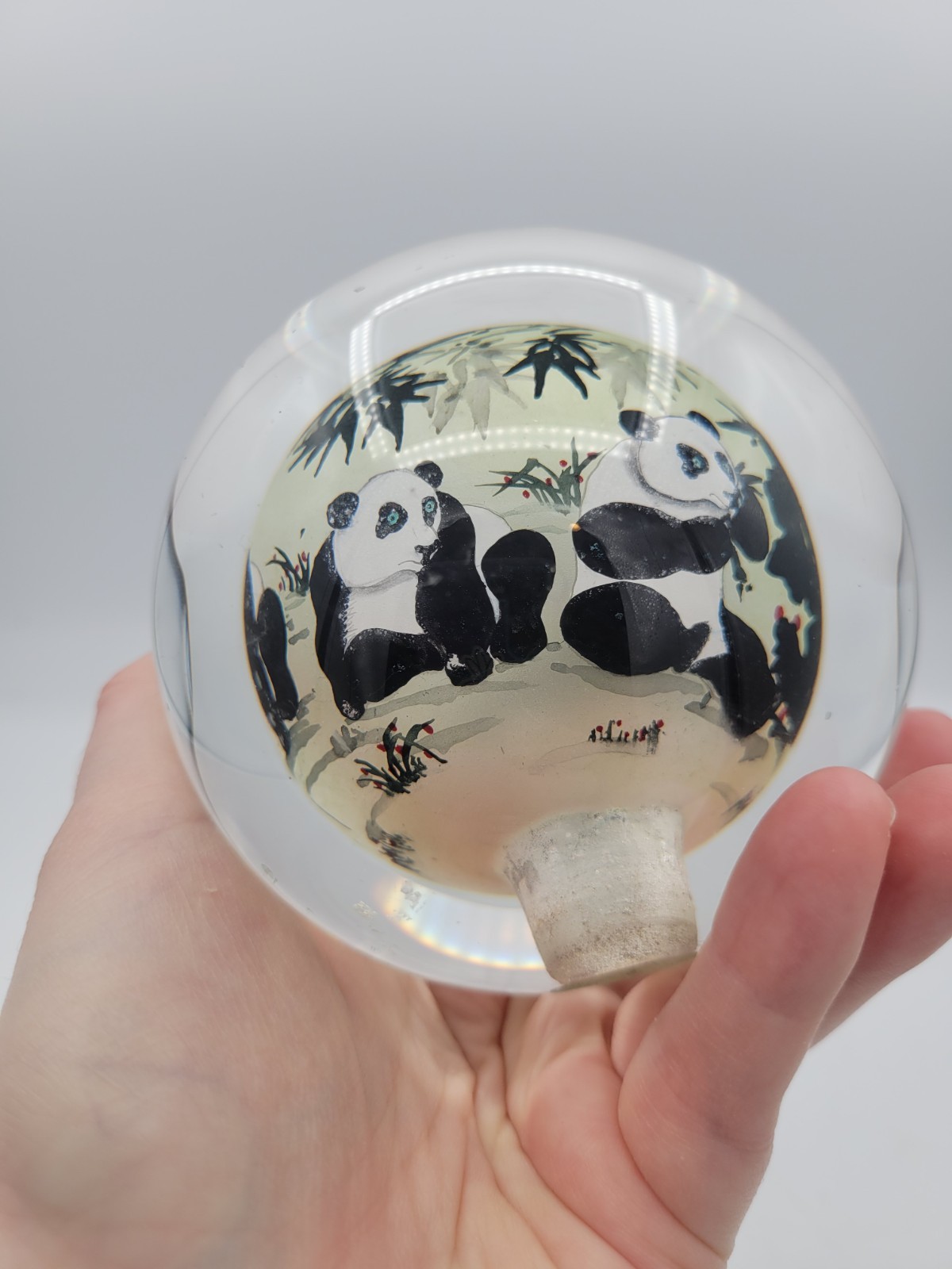 Chinese Art Glass Ball Sphere Paperweight Reverse Hand Painted Pandas NO Base