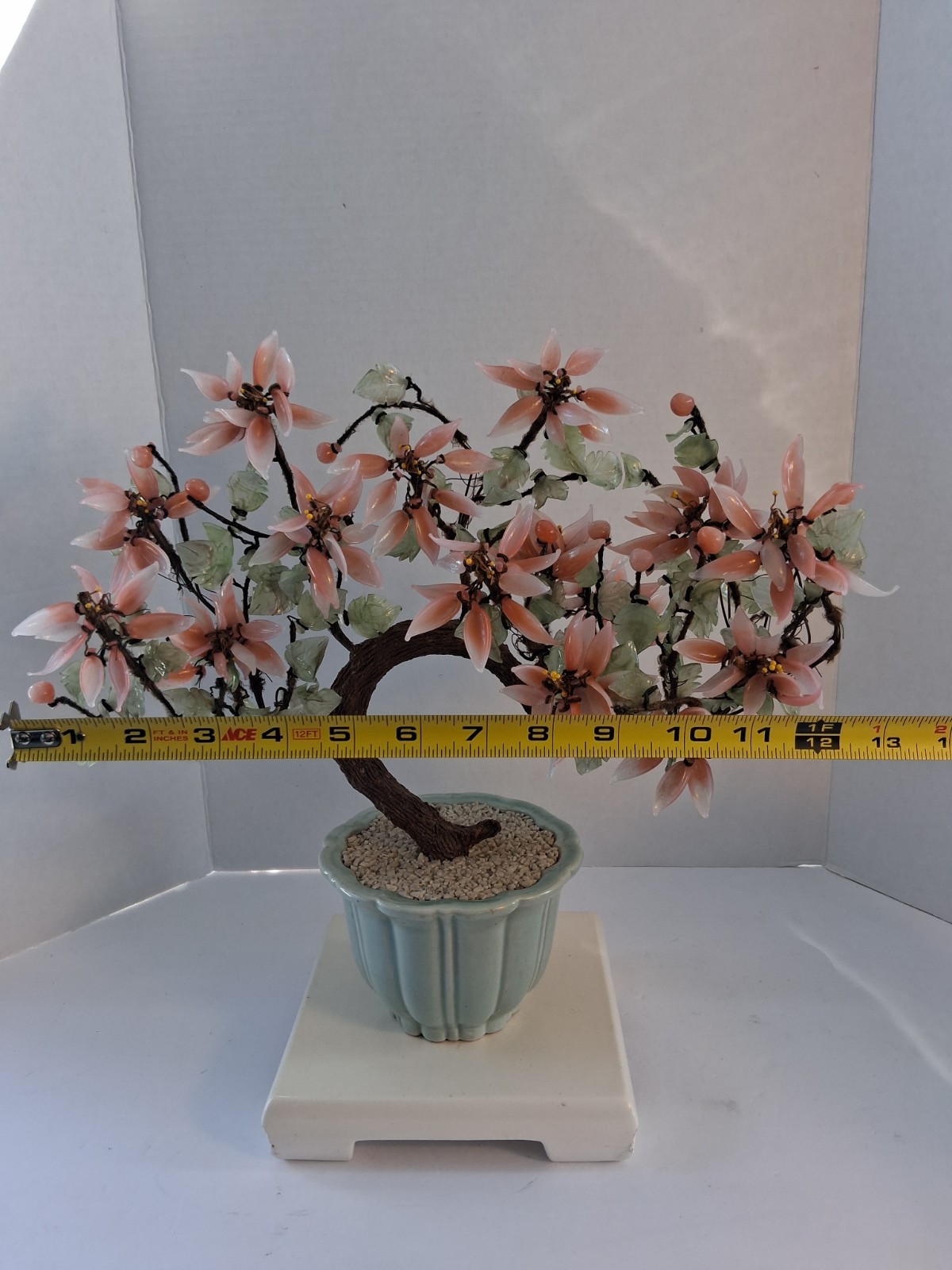 Vtg! XL Asian Bonsai Jade Glass & Coral Color Quartz Flowering Tree;14.5″x 13.0″