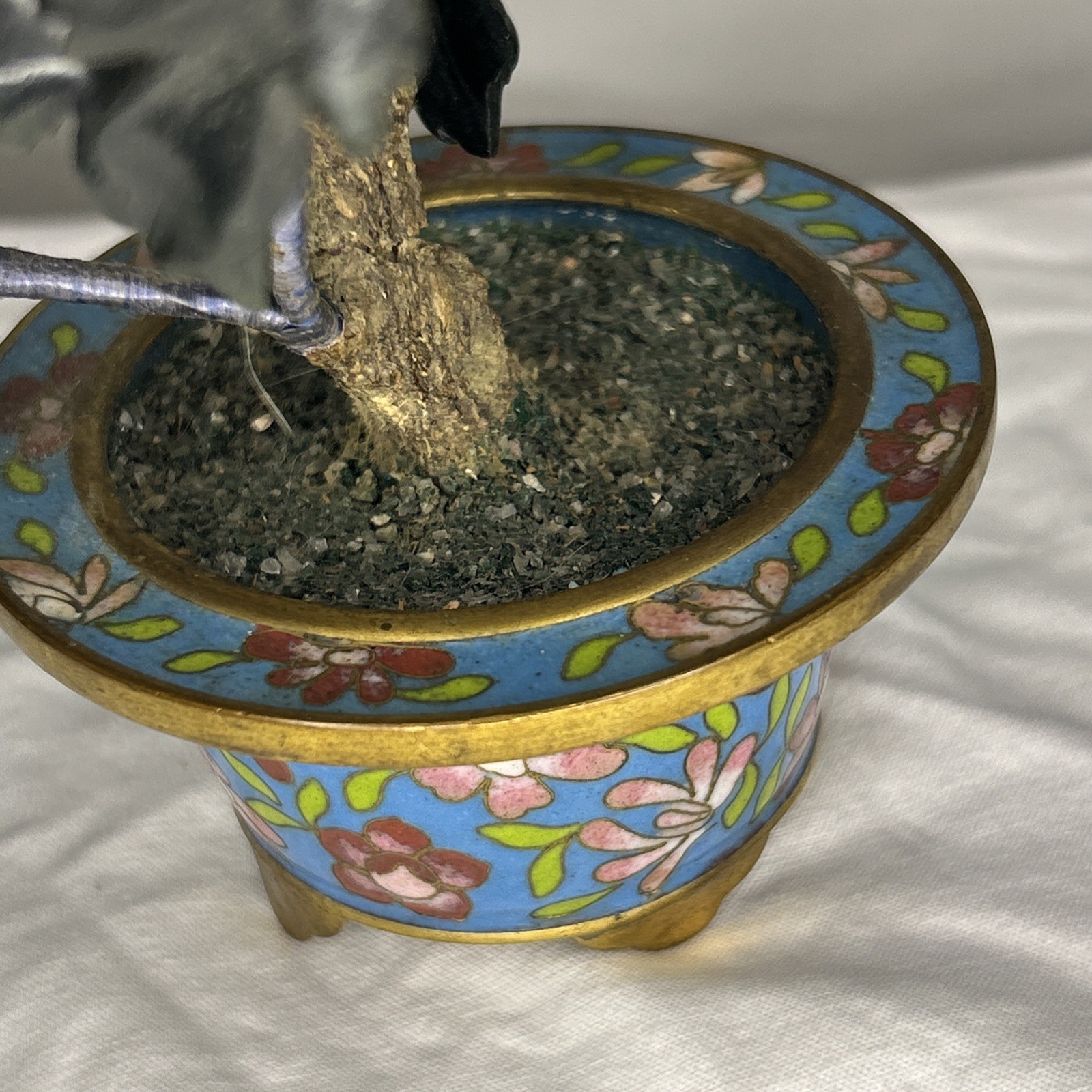 Vintage Chinese Jade Bonsai Tree Sculpture in Cloisonné Enamel Pot Iris Apfel