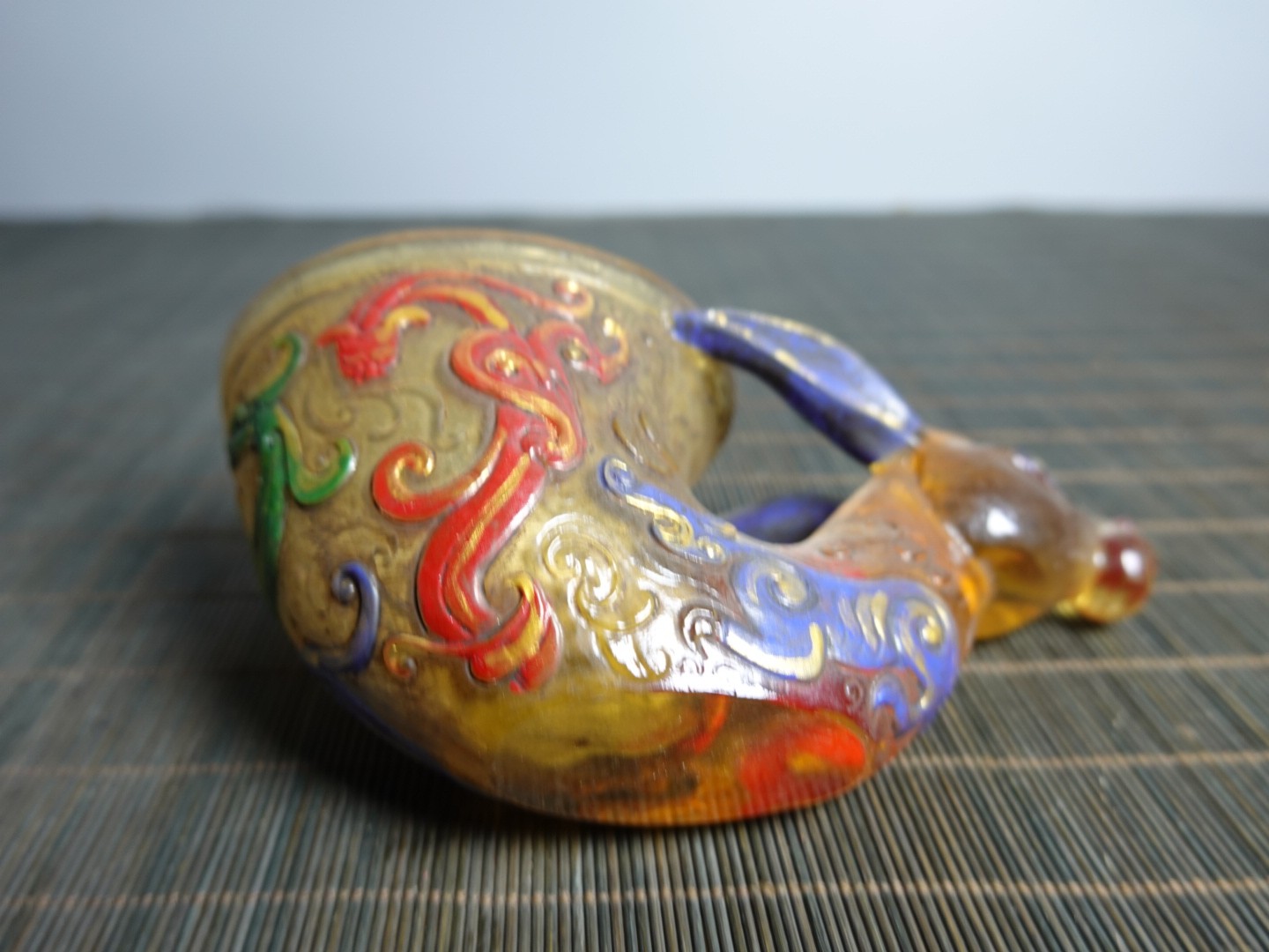 5.5″ Collect China Coloured Glaze Painted Cloud Dragons Rabbit-head Holding Cup