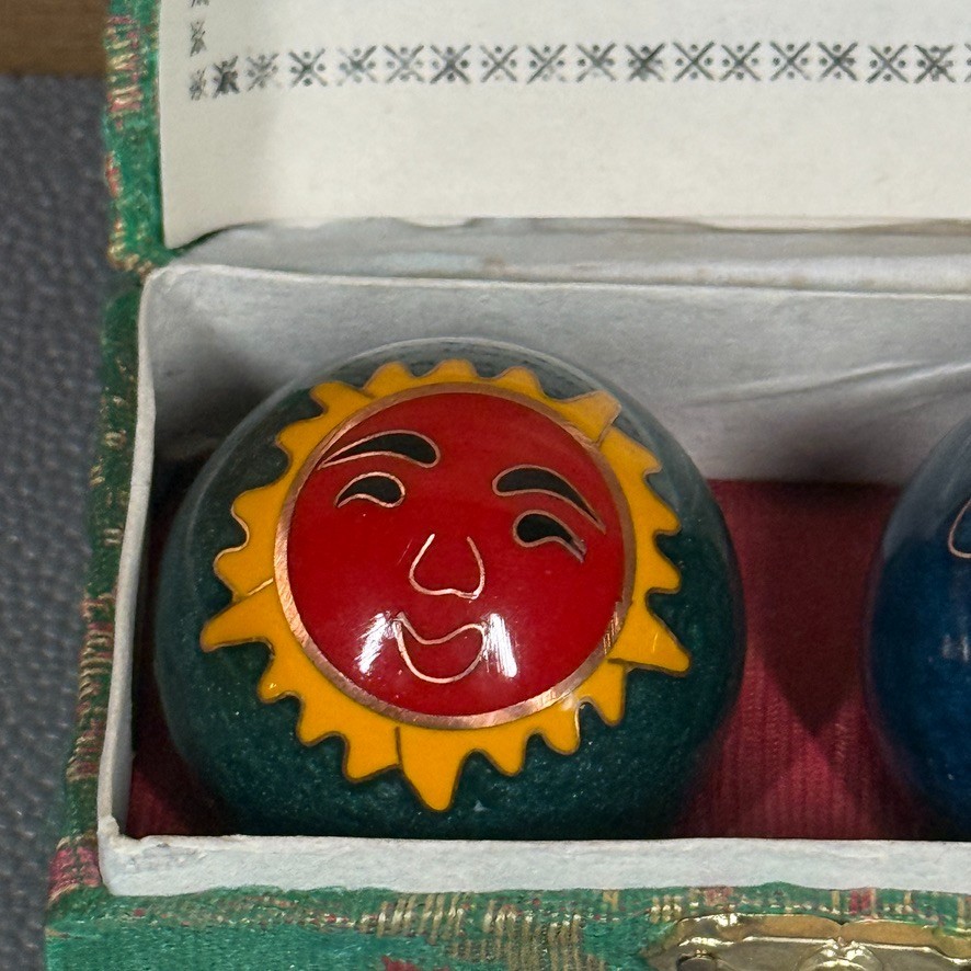Vintage Cloisonne Health Ball Set Sun Moon Stars in Silk Box Chinese Baoding