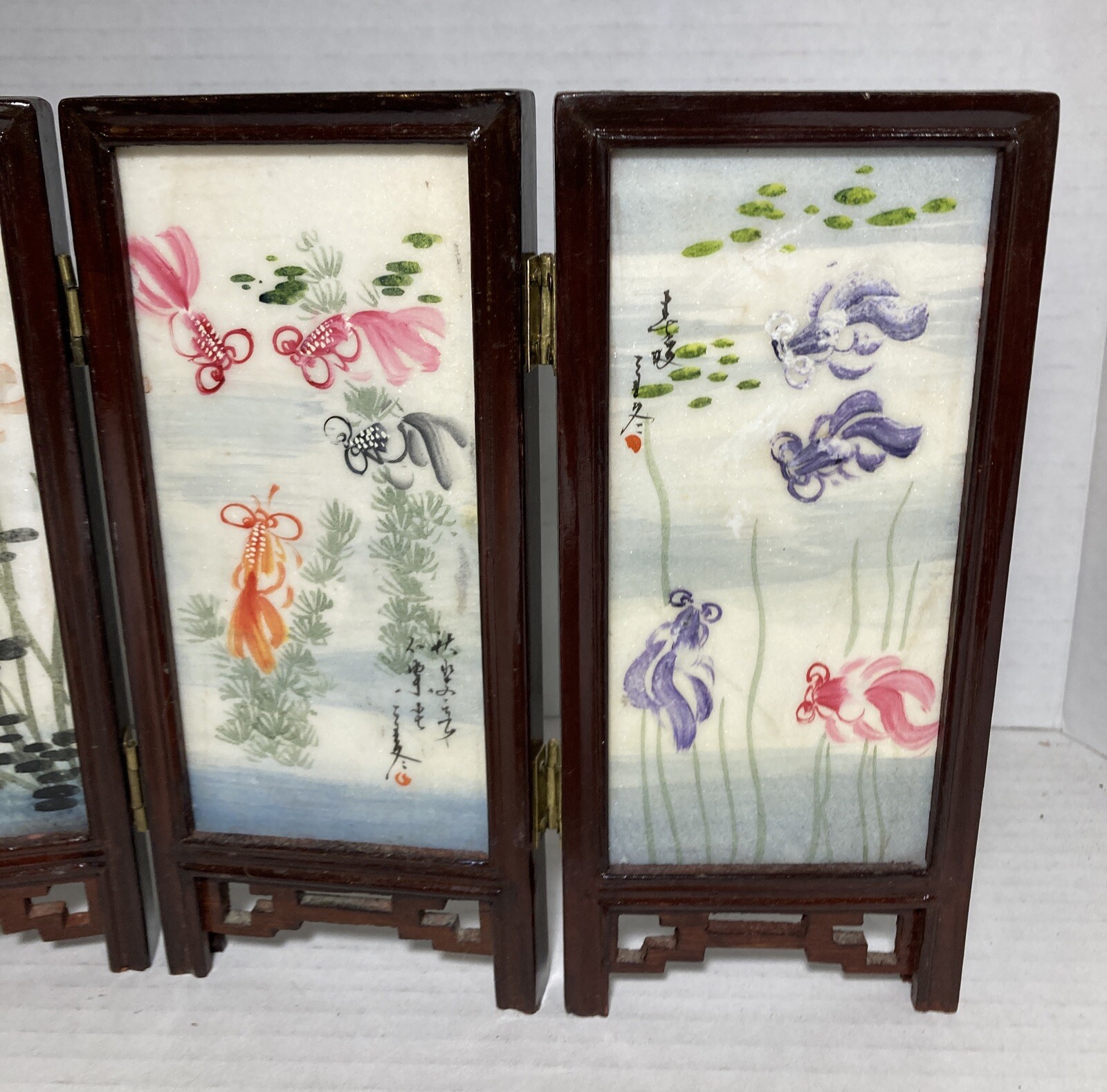 Chinese Oriental Desk Top Tile & Wood 2 Sided Folding Screen Horse Koy Fish