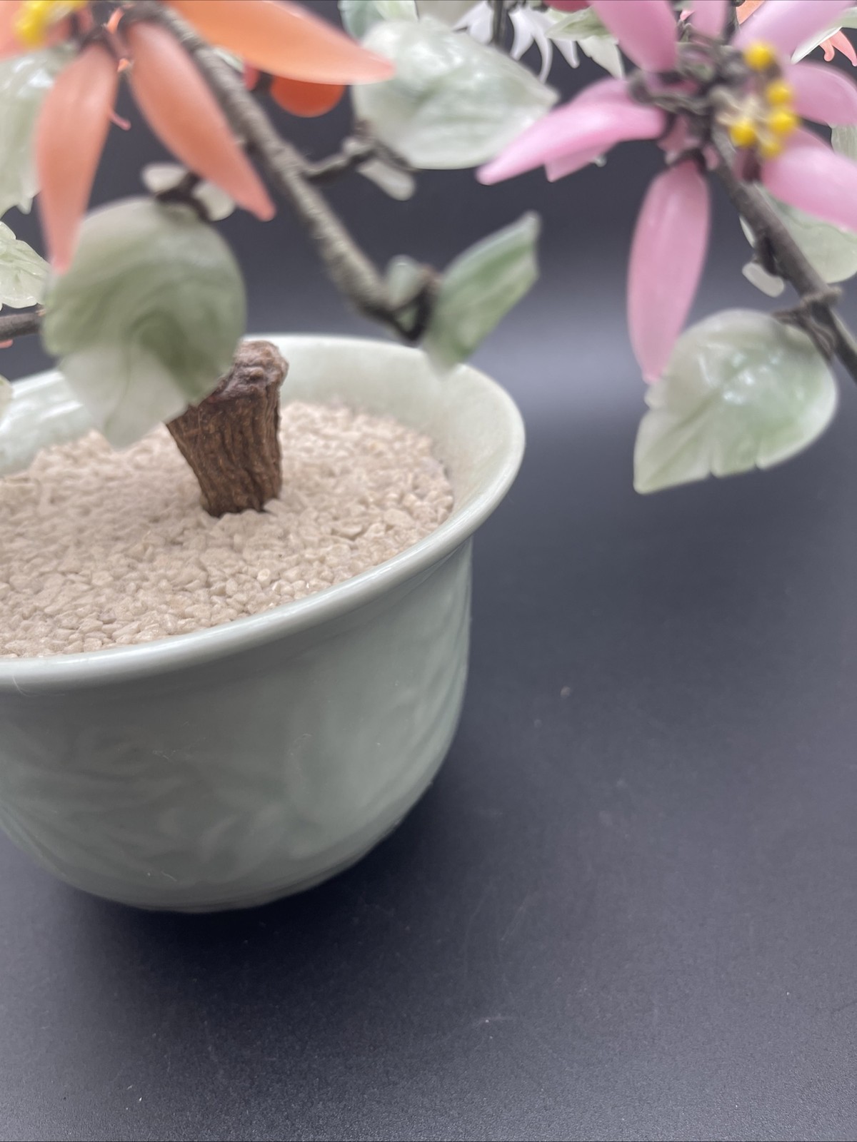 Vintage Medium Chinese Jade Quartz Stone Glass Flower Bonsai Tree Celadon As Is