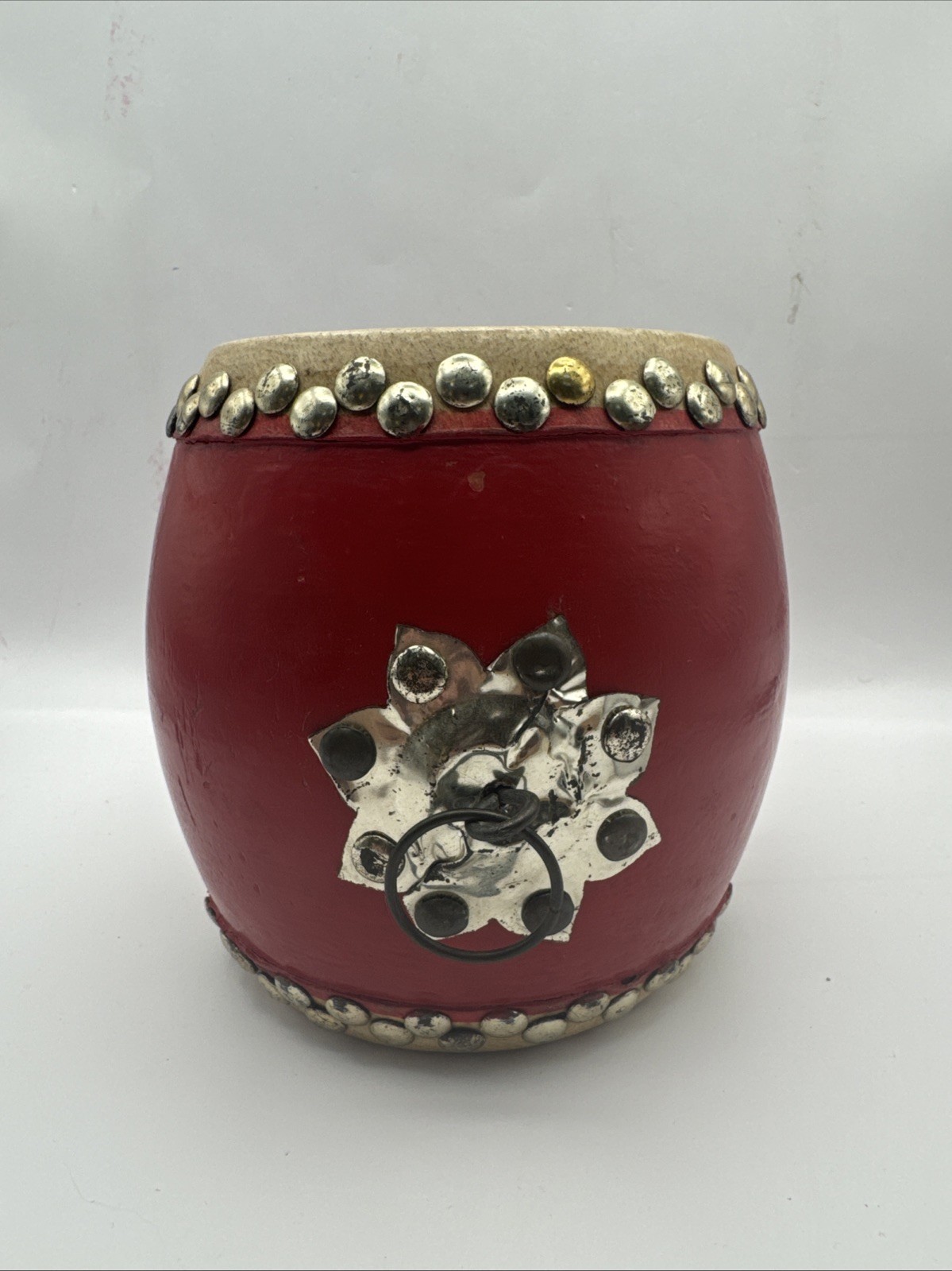 20th Century Chinese Traditional Small Red Tanggu. Wood, Cowhide, Metal 6×6 In.