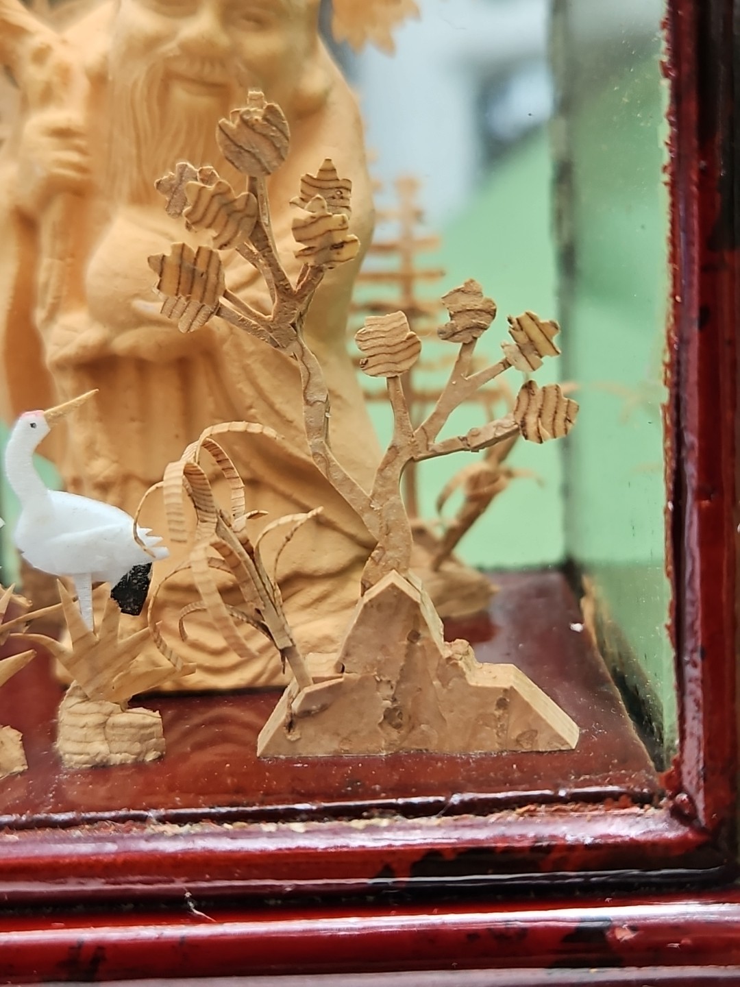Chinese Cork Diorama Asian Crane Trees Vintage Art Carved Shou Xing Longevity 5″