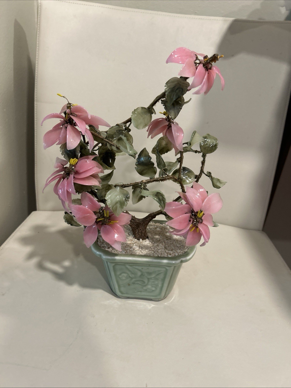 Vintage Large Asian Jade Glass Flowering Pink Cherry Blossom Bonsai Tree Decor