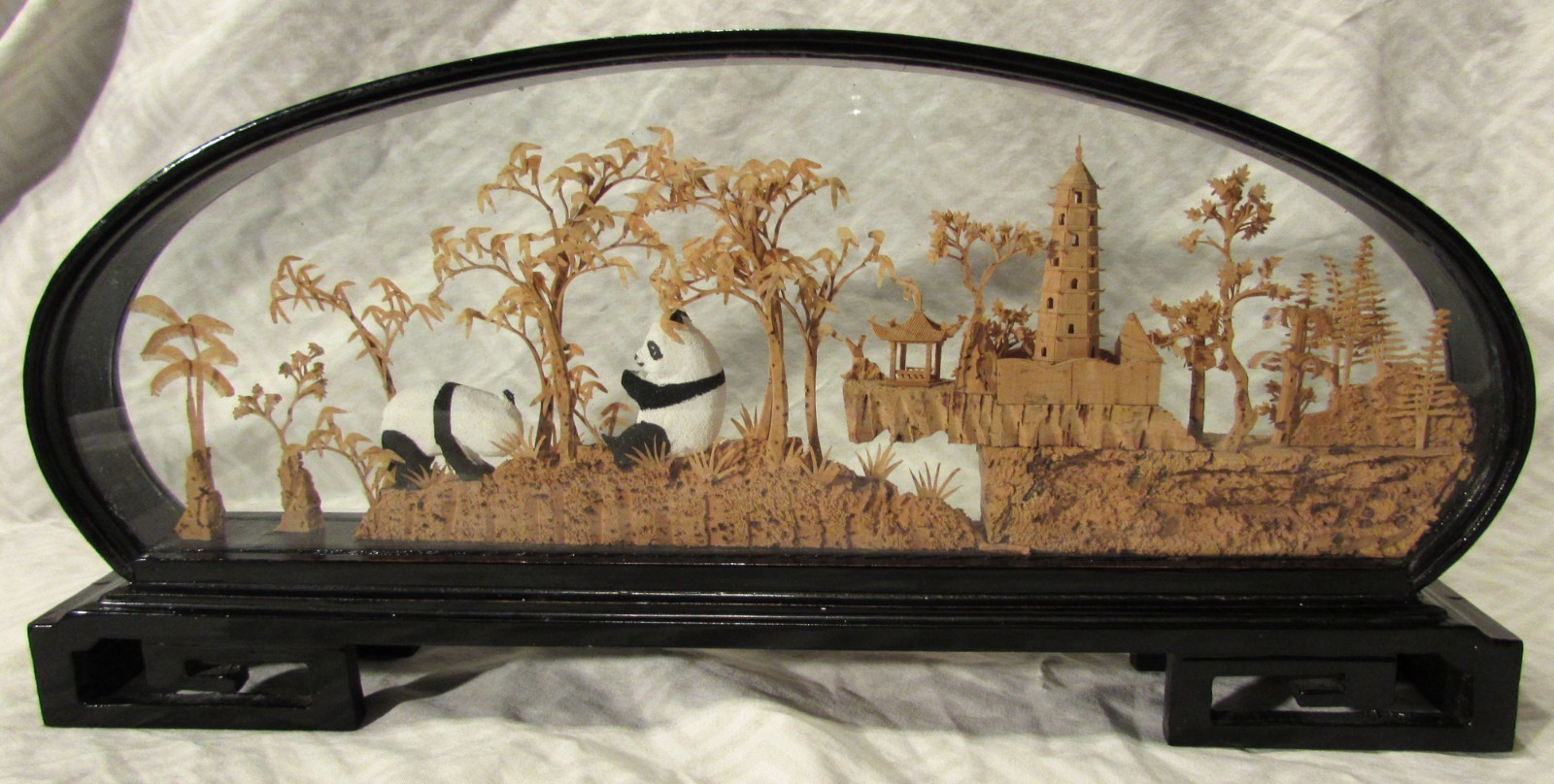 Vintage Chinese Panda Cork Diorama Arched Black Lacquered Shadow Box Case 1950s
