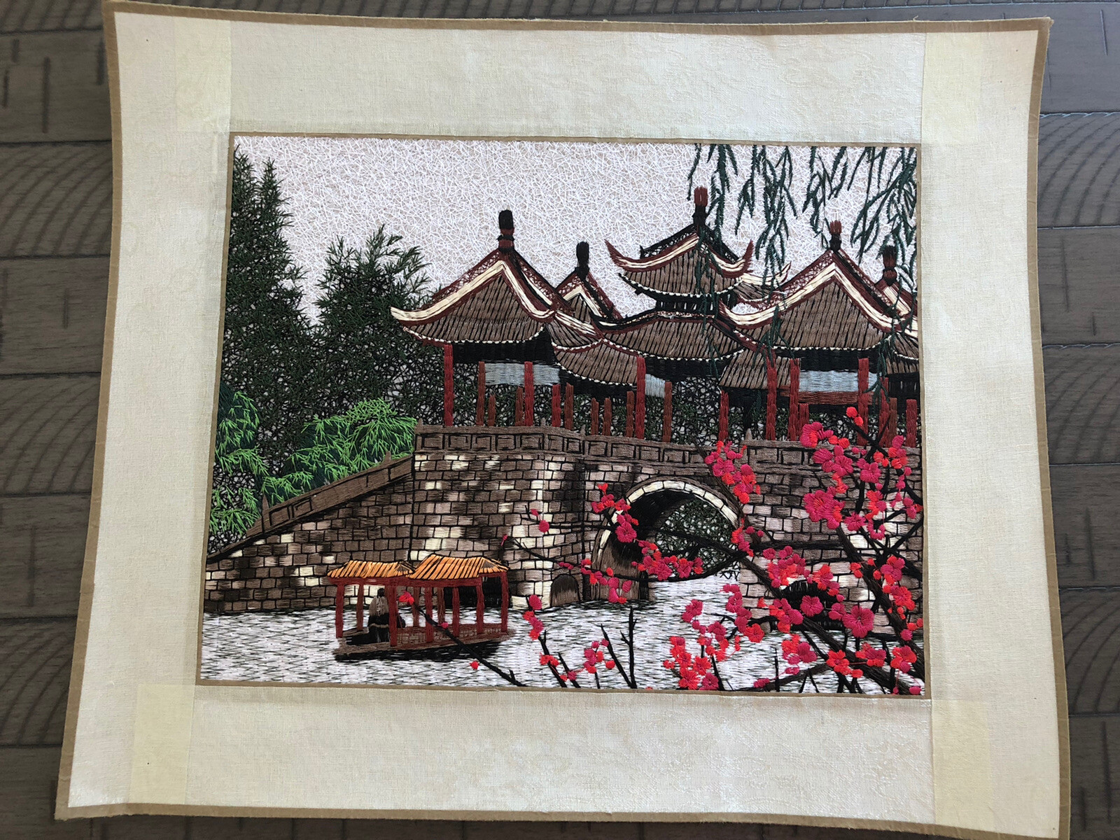Asian Oriental Chinese Silk Hand Needlepoint Art With Silk Brokade Chinese NEW