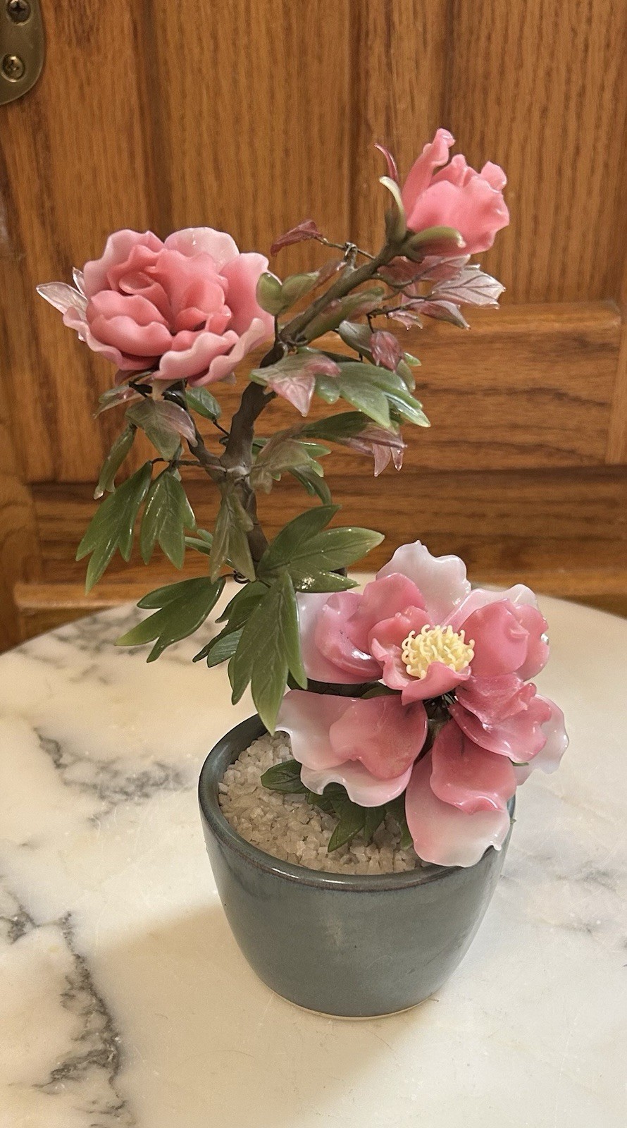 Vintage Chinese Jade Glass Leaves Pink Peony Flowers Bonsai Tree Green Celadon
