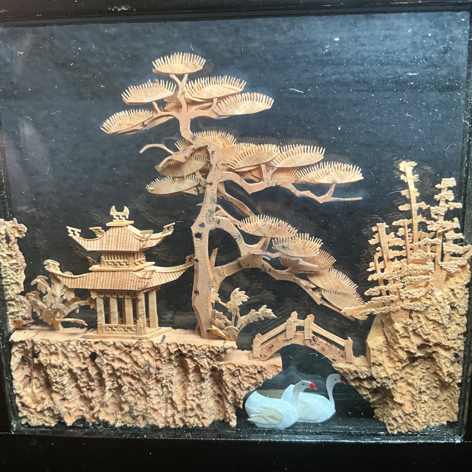 2x-VTG SAN YOU Tri-Fold Oriental Hand Carved Cork Pagoda Diorama w Cranes