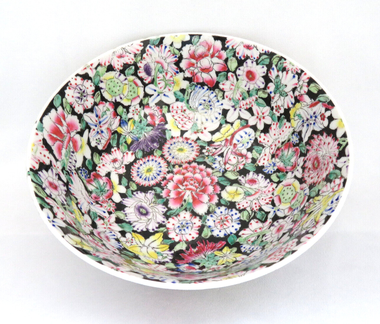 Famille Rose Mille Fleur Black Noire Thousand Flowers Centerpiece Bowl 10″ D