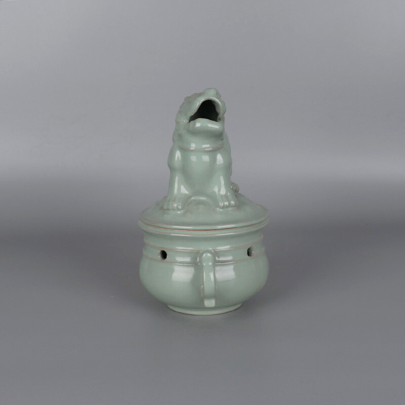 7.4″ China Porcelain Ru Kiln Cracked Glaze Animal Foo Fu Dog Lion Incense Burner